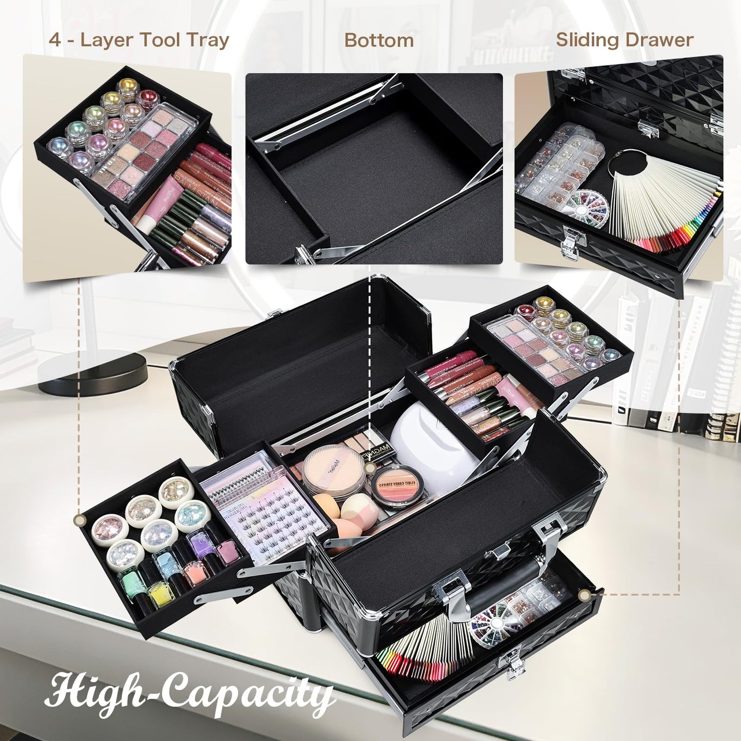 Joligrace Makeup Train Cases Professional Travel Makeup Cosmetic Cases Organizer Portable Box with Drawer Black