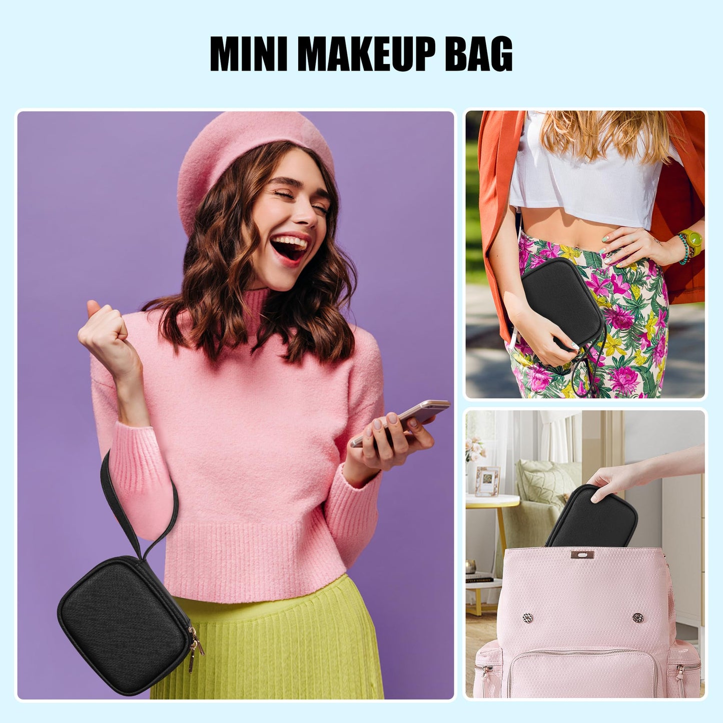 Relavel Mini Makeup Bag with Led Mirror, Small Cosmetic Bag with 3 Light Modes, Rechargeable Portable Makeup Pouch with Hands-Free Wrist Strap for Pool Parties丨Work Touch-Ups丨Travel - Black