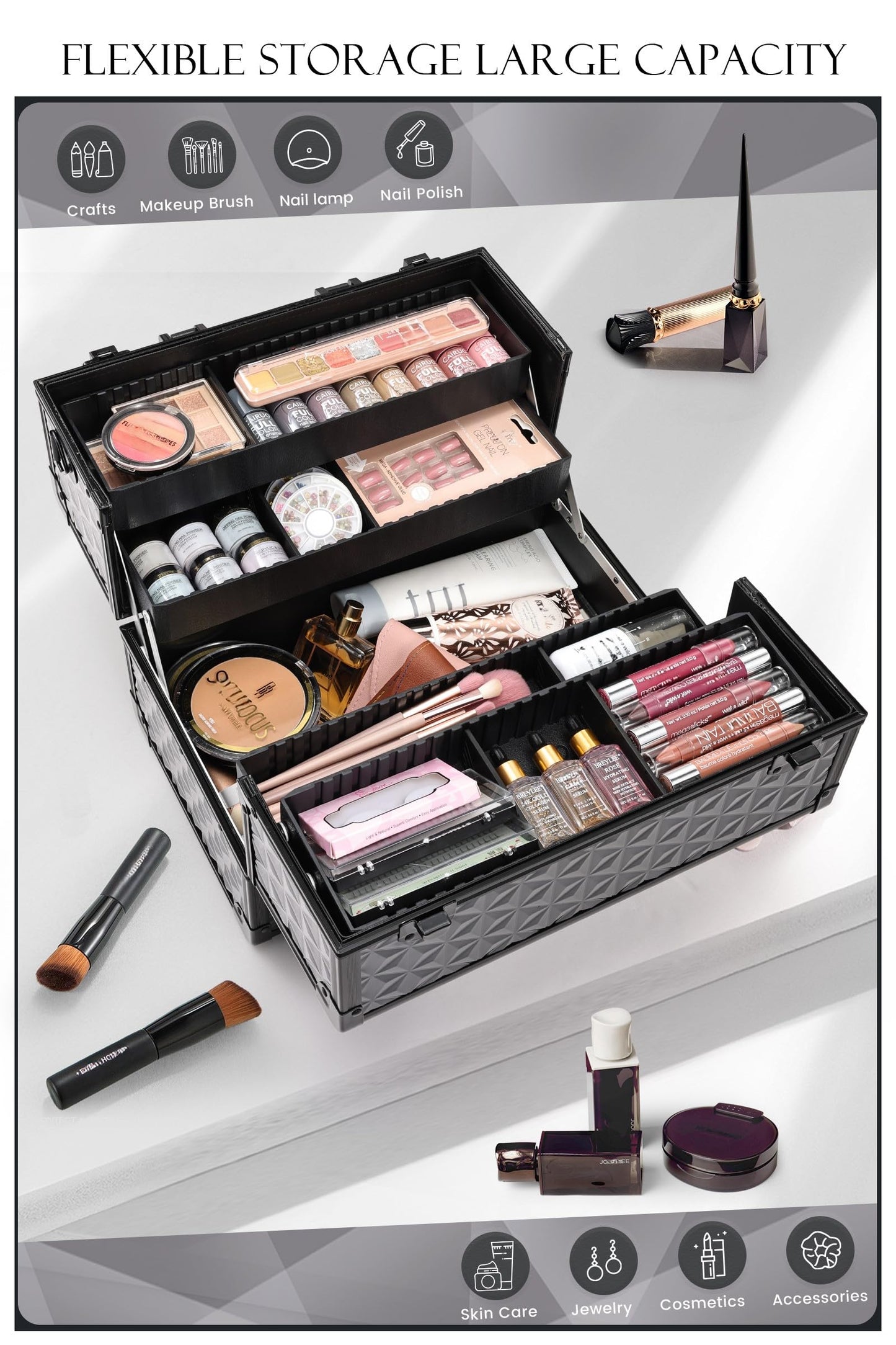 Joligrace Makeup Train Case Professional Cosmetic Organizer Aluminum Storage Box with 4 Adjustable Dividers Trays Lockable Portable with Shoulder Strap - Black