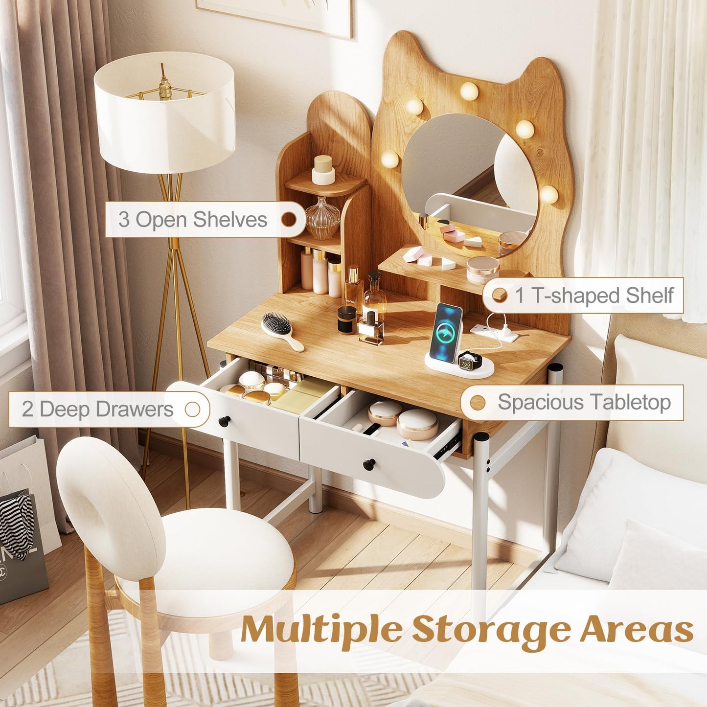 LOKO Cute Cat-Themed Vanity Desk, 31.5" Makeup Table with Kitty Ear Design, Charging Station, 3-Color LED Bulbs, Dimmable Brightness, Open Shelves & 2 Drawers, Modern Dressing Table for Women, Girls
