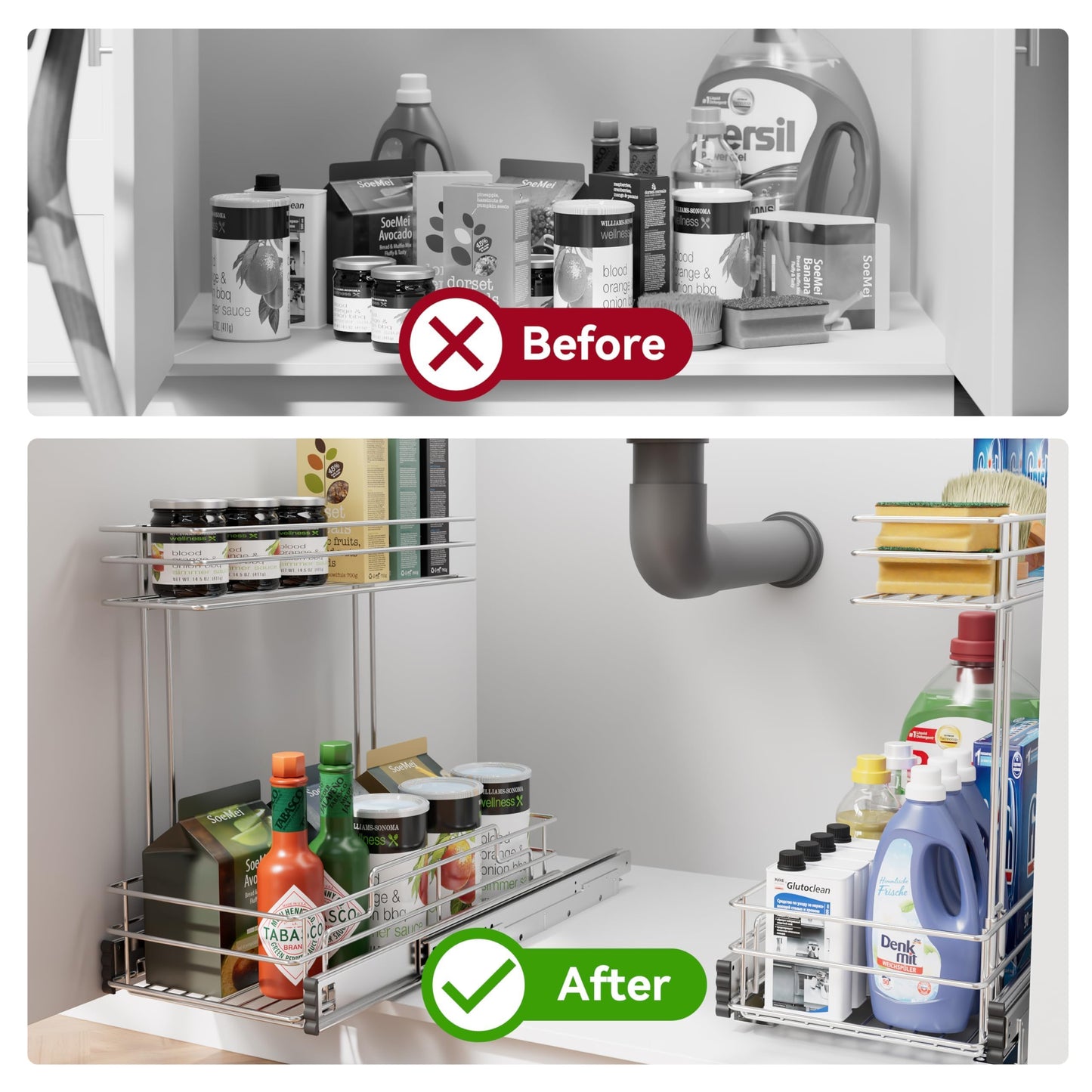 STORKING Under Sink Organizer 9" W X17 D, Pull Out Cabinet Organizer 2 Tier, Under Sink Slide Out Chrome Plated, Under Kitchen Bathroom Organizer, Pantry Cabinet Closet Organization Rack, 1 Pack