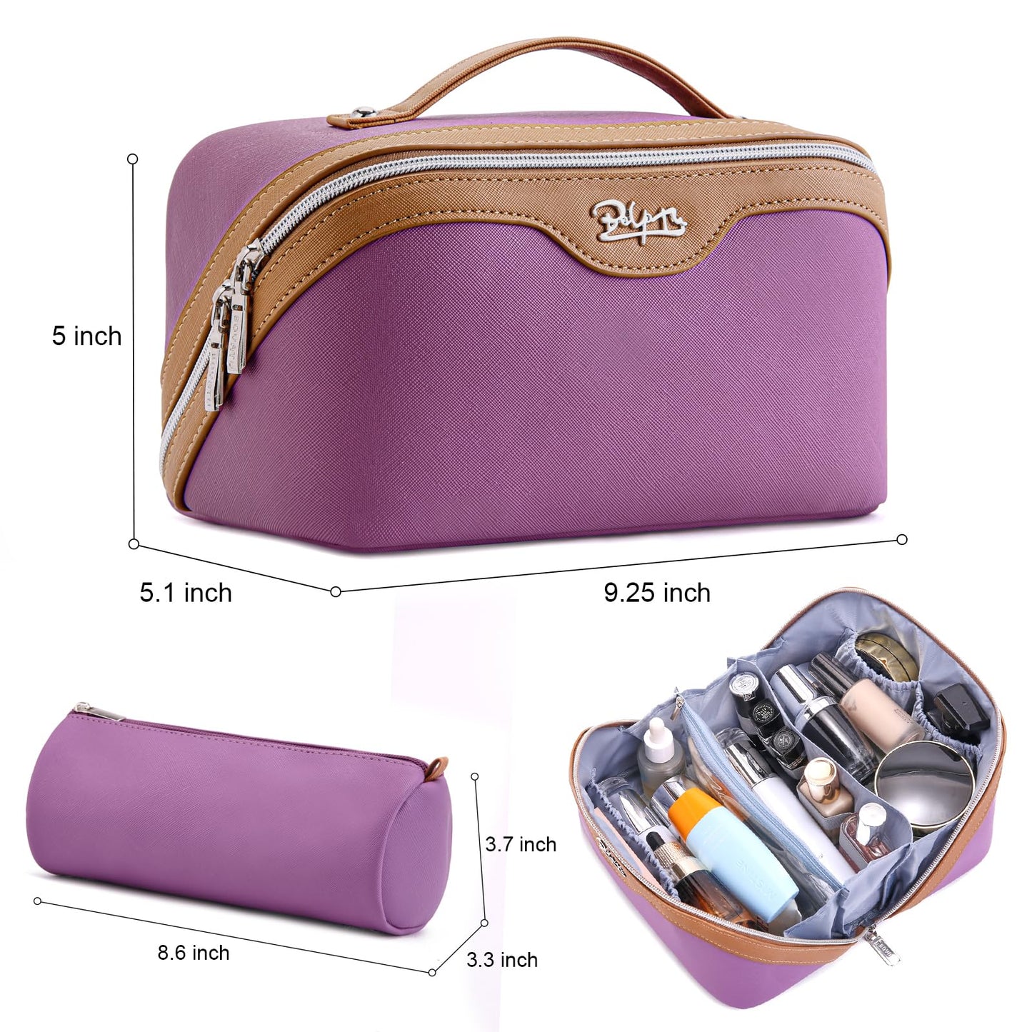 BOYATU Travel Makeup Bag Organizer Cosmetic Bag: 3 Pcs Set Make up Bags for Women with Handle - Waterproof Vegan Leather Toiletry Bags Travel Essentials Pouch with Compartments (A-05-Purple)