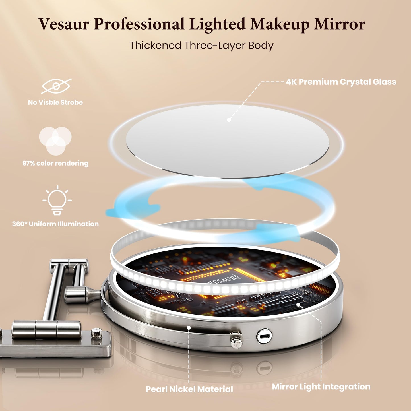 9" Large Wall Mounted Lighted Makeup Mirror, 5000mAh Rechargeable 1X/15X Magnifying Mirror with 3 Color Lights Touch Dimmable, Extended Arm 360° Rotation Bathroom Wall Mounted Makeup Mirror, Nickel