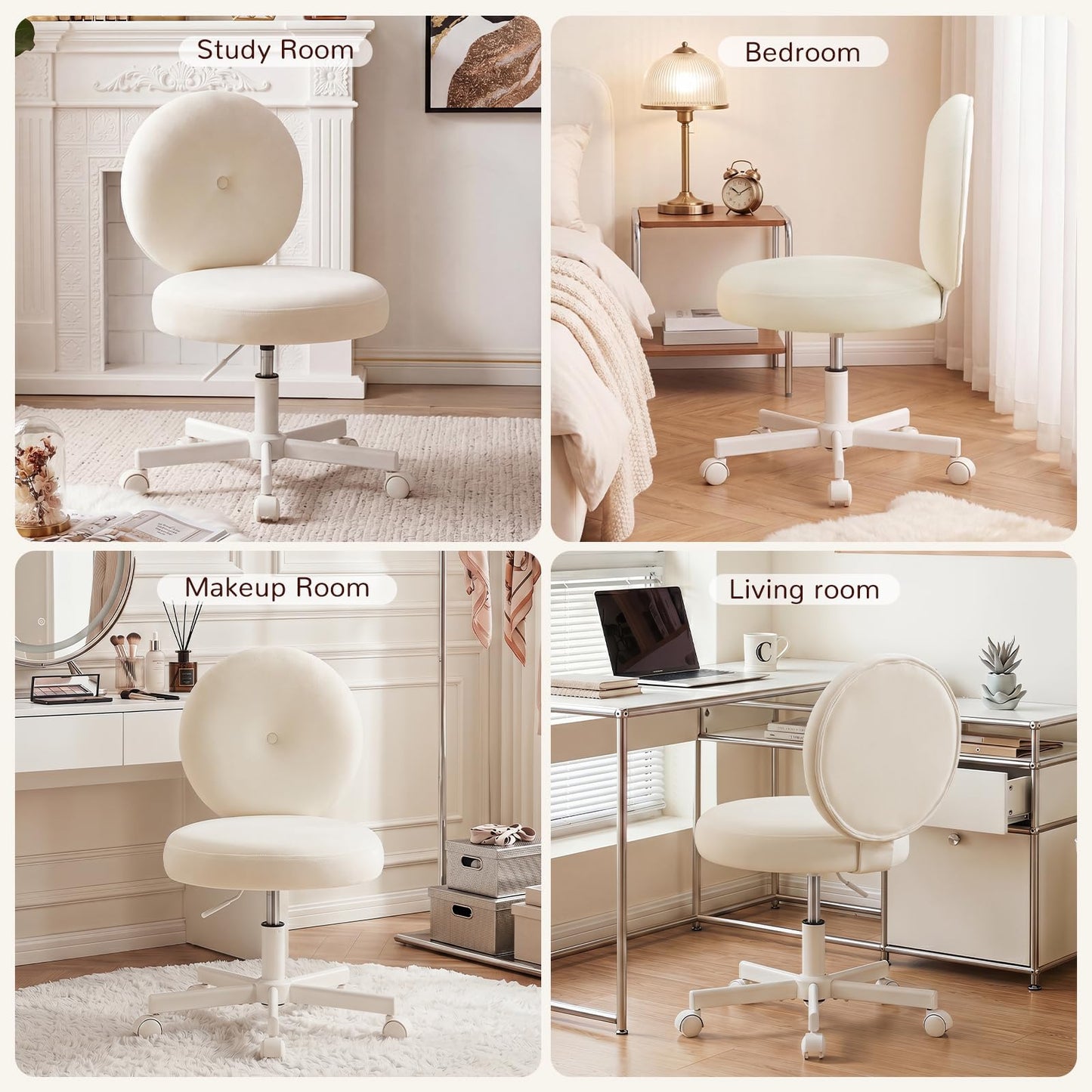 Furniliving Round Velvet Vanity Chair with Wheels, 360° Swivel Armless Desk Chair, Adjustable Height Rolling Makeup Chair for Bedroom Study Room, White