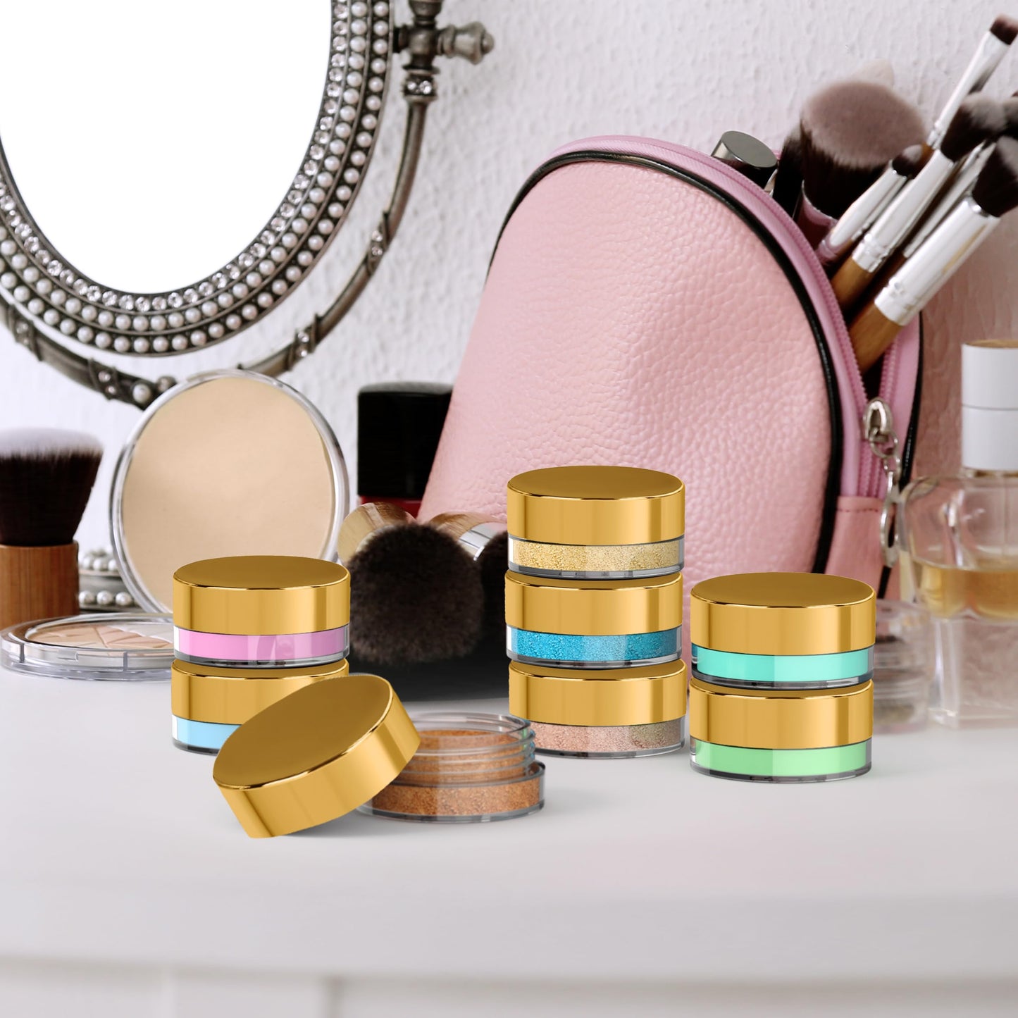 Houseables Sample Containers, Sample Jars, Lip Balm Containers, Mini Jars with Lids, Small, Empty, Makeup, Powder, Gloss, Cosmetic, Tiny, Dab, Wax, Scrub, Little, Travel, Plastic, Gold, 3 Gram, 50 PK