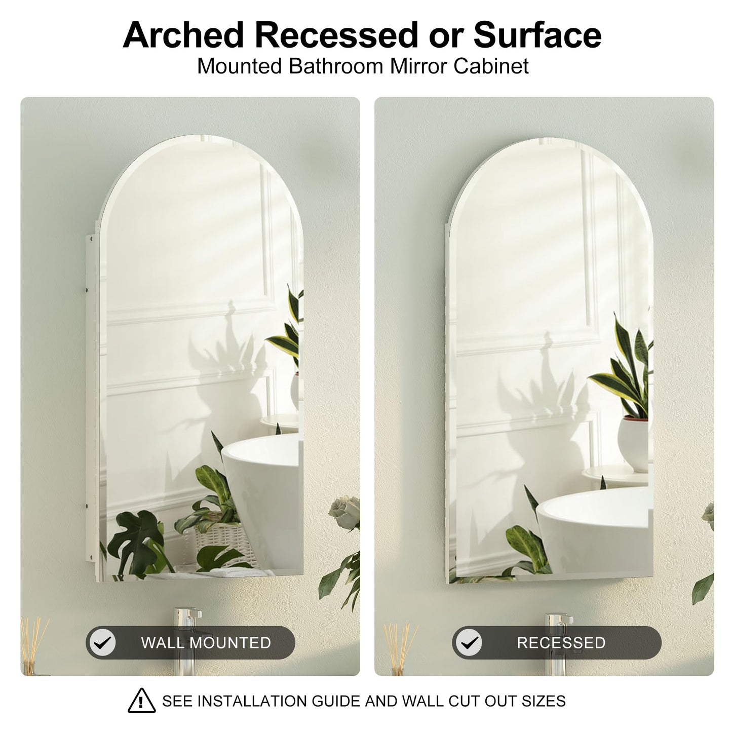 Mepplzian Beveled Edge Arched Recessed Medicine Cabinet with Mirror,Frameless Arched Mirror Medicine Cabinet for Bathroom,Mirrored Cabinets for Bathroom Wall Cabinet with 3 Glass Shelves,16x31