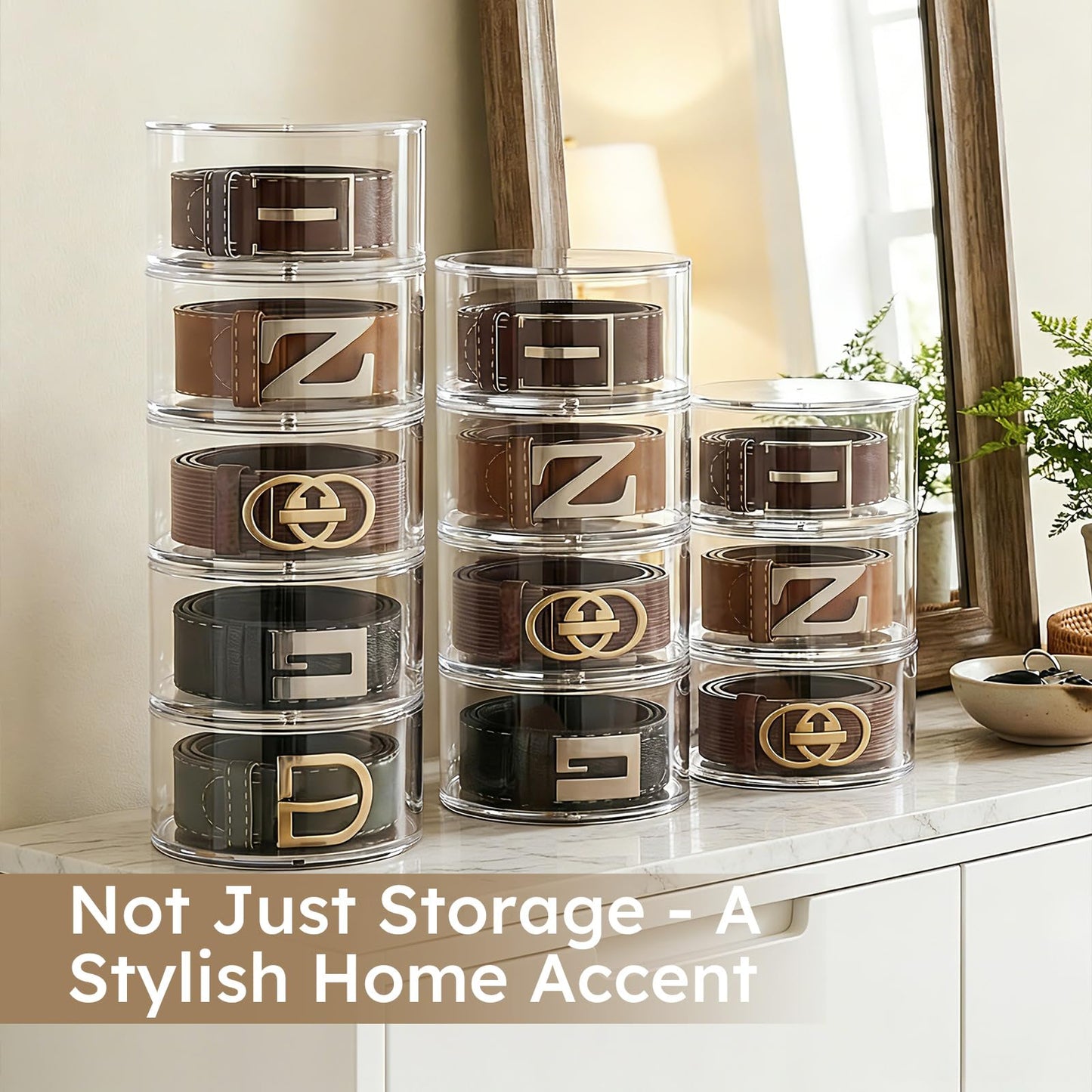 FEMELI Belt Organizer, Acrylic Belt Storage Holder for Closet & Drawer, 4-Layers Stackable Display Case for Belts, Watches, Jewelry and Ties