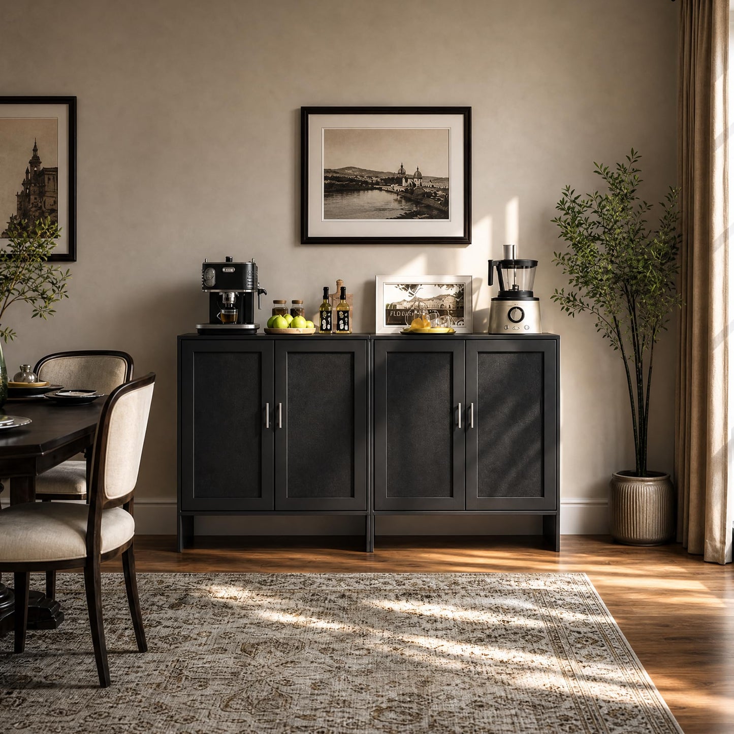 DHZ Buffet Cabinet with Storage, Farmhouse Sideboard with Black Rattan Doors & Adjustable Shelf, 31.5" Narrow Coffee Bar Cabinet, Kitchen Storage Credenza, Entryway Accent Liquor Cabinet