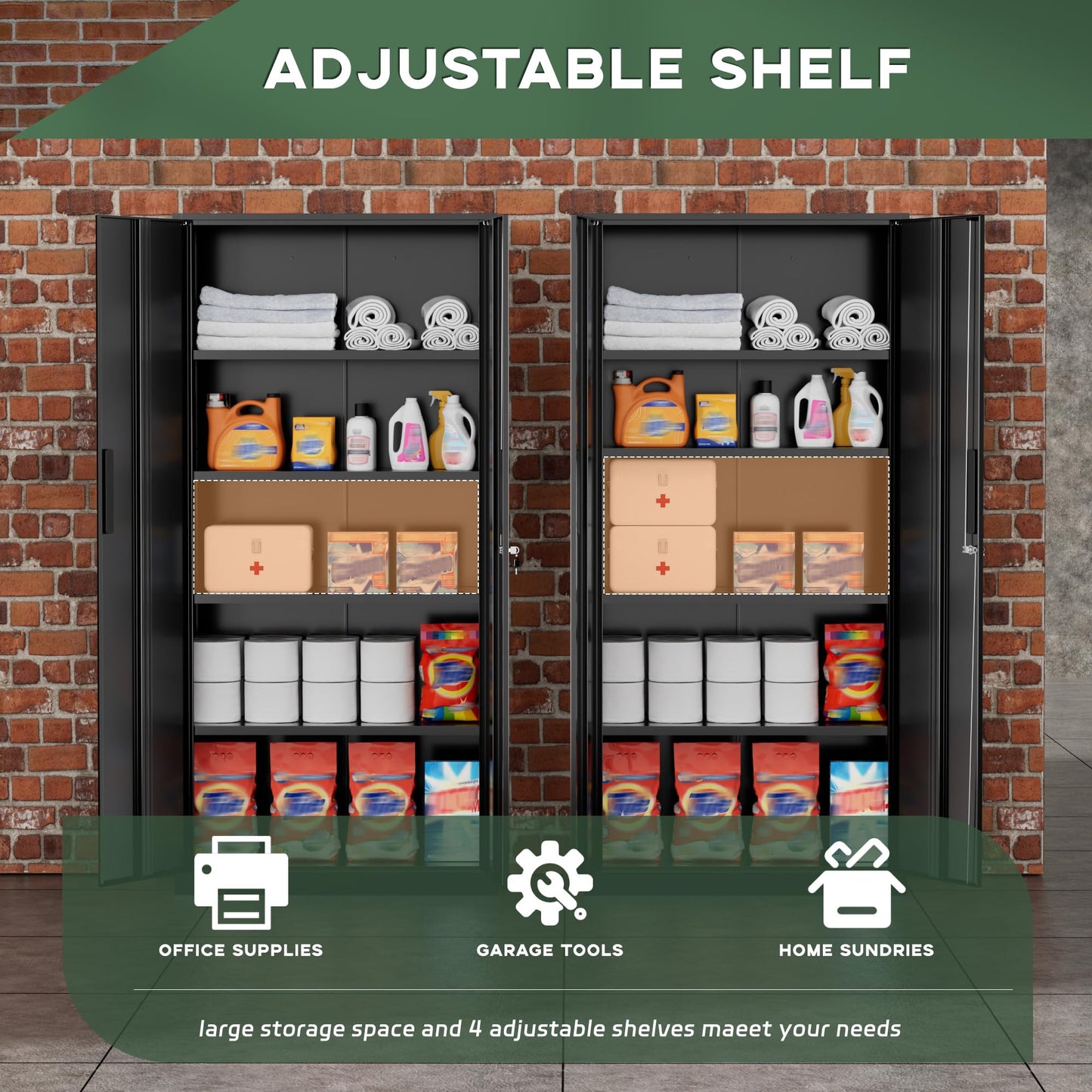 Greenvelly Metal Garage Storage Cabinet, 72” Locking Black Tool Steel Cabinet with Doors and 4 Shelves, Tall Metal Cabinets with Garage Storage Systems for Home Office, Kitchen/Pantry