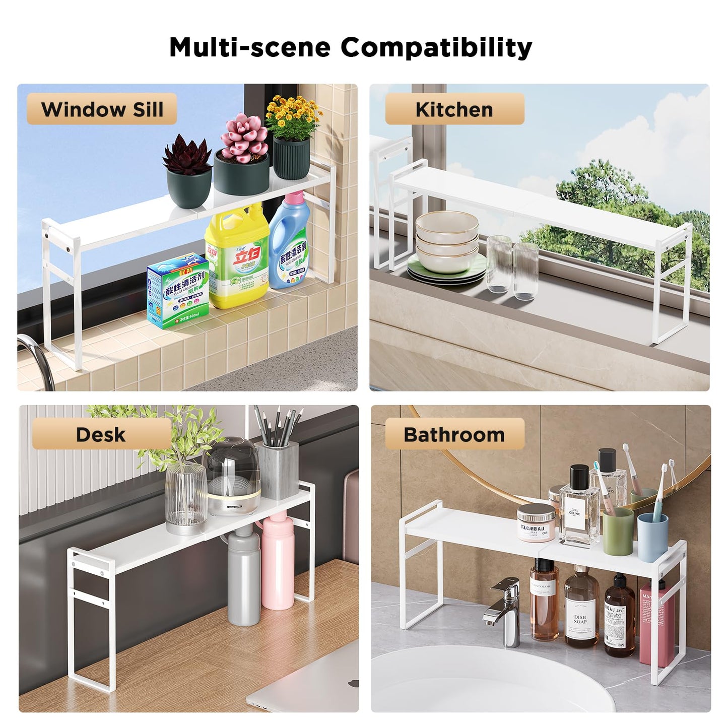 Expandable Medicine Cabinet Organizer, White Heavy-Duty Metal Adjustable Shelf Trays for Bathroom, Kitchen, Narrow Spaces, Space-Saving Storage Solution for Mirror Cabinets, Vanities, and Countertops