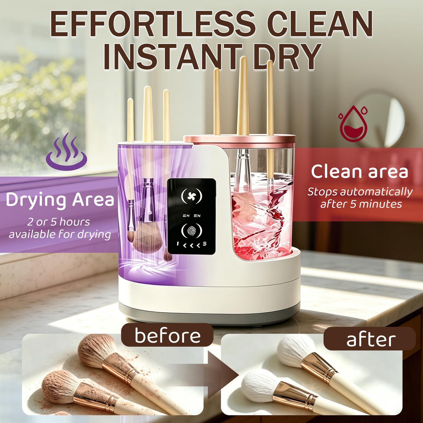 2026 Upgrade 3 in 1 Electric Makeup Brush Cleaner, Automatic Makeup Brush Cleaner Machine with Adjustable 2h/5h Dryer-Holder, Makeup Brush Washer and Dryer for All Brush Sizes, Plug in Design (A)