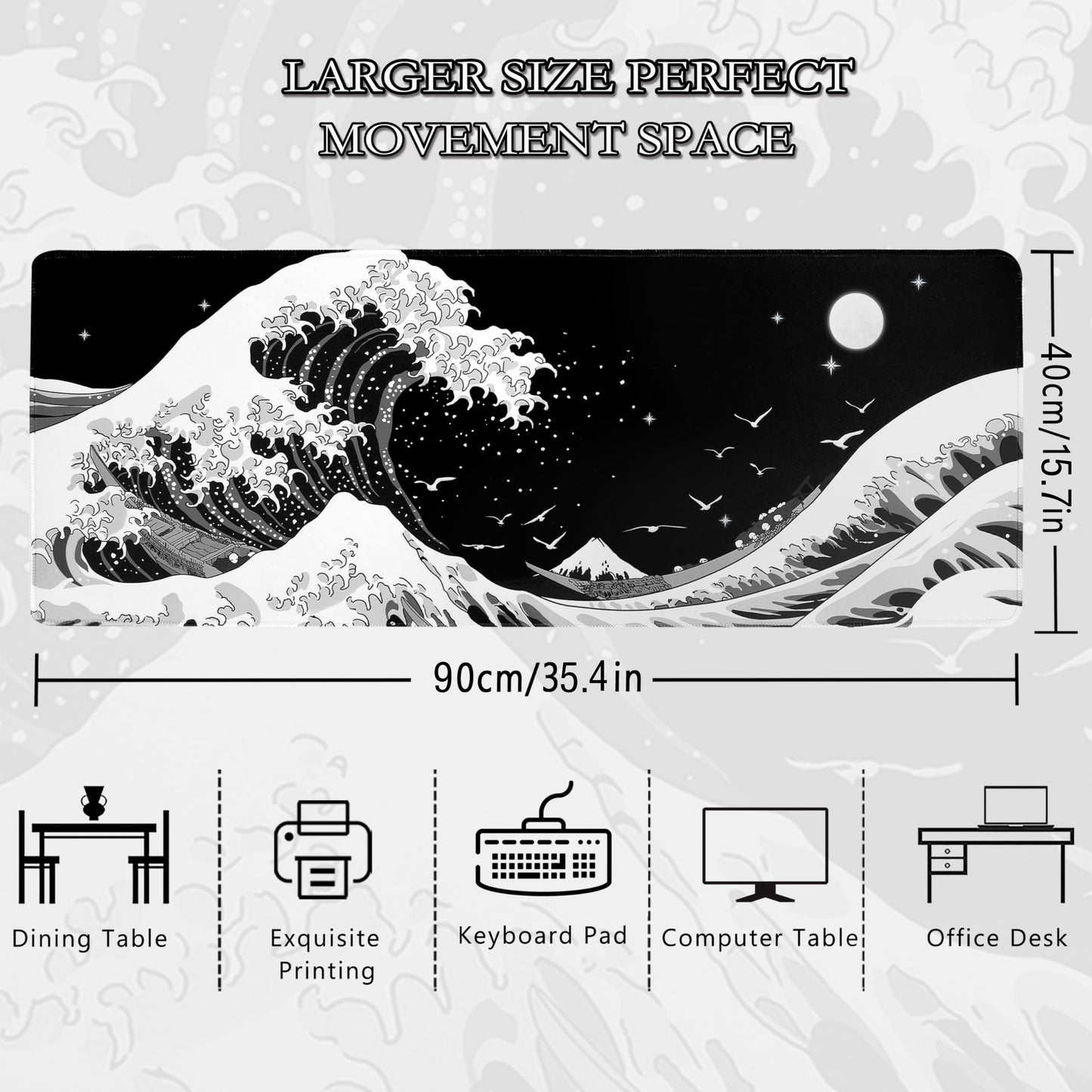 MEWOOCUE® Gaming Mouse Pad for Desk,Large Sea Wave Mousepad Laptop,Black White Japanese Anime Mouse Mat,Long XXL Waterproof Keyboard Pads,Big Non-Slip Mouse Pads for Game Office Home（35.4 x 15.7 in）