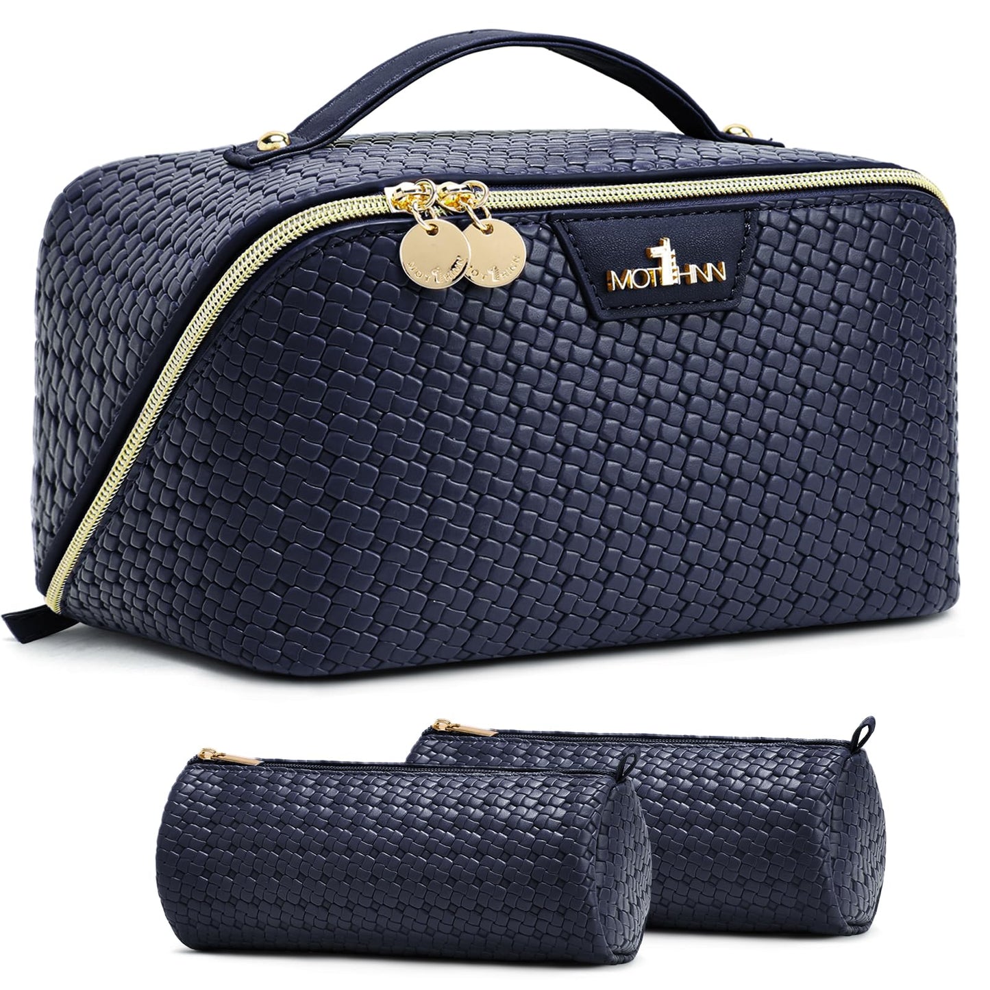Travel Makeup Bag for Women: 3 Pcs Set Cosmetic Bags for Women - Large Capacity Vagen Leather Hand-made for Toiletry Organizer - Waterproof Ladies Travel Flat Open Essentials for Luxury (02Blue)