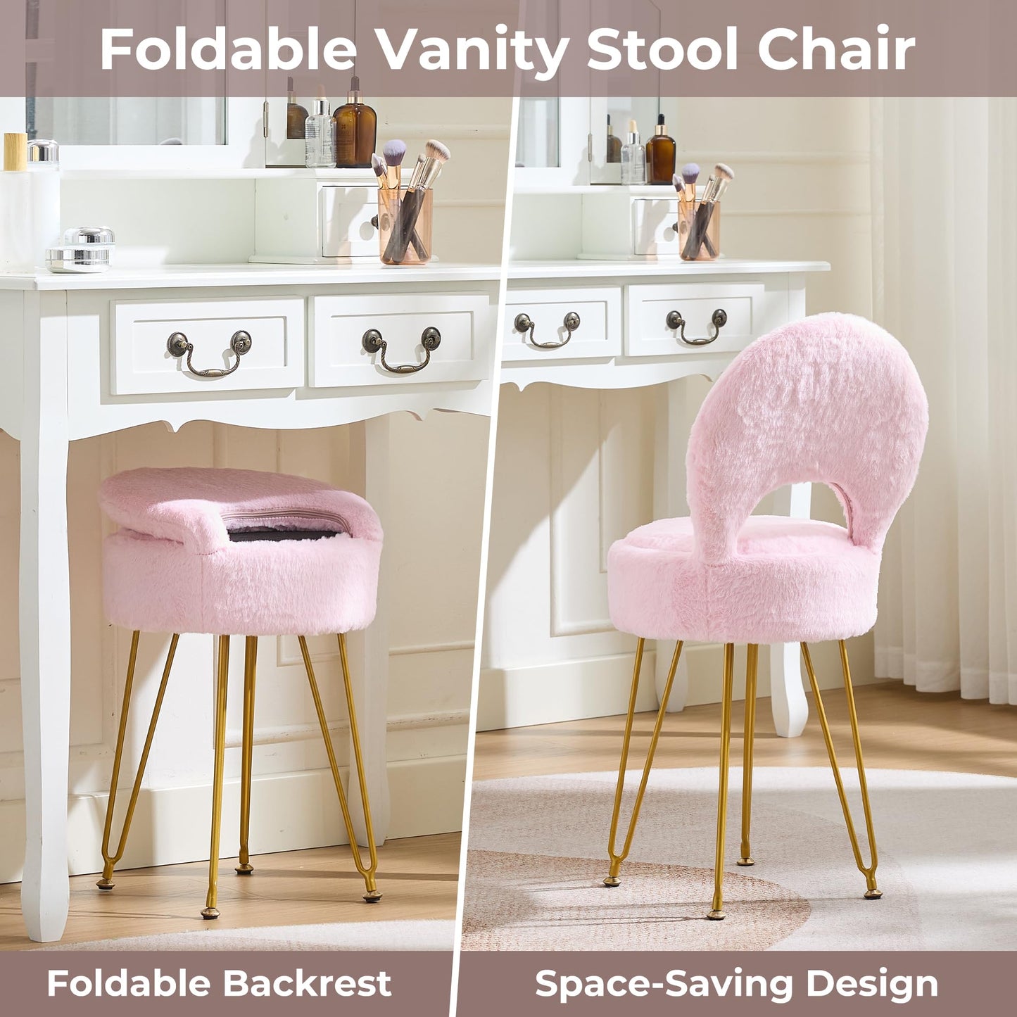 RUCUKEN Faux Fur Pink Small Vanity Chair & Stool - 13" Dx13 W Folding Back Storage Ottoman, Anti-Slip Golden V-Leg for Bedroom Makeup Room