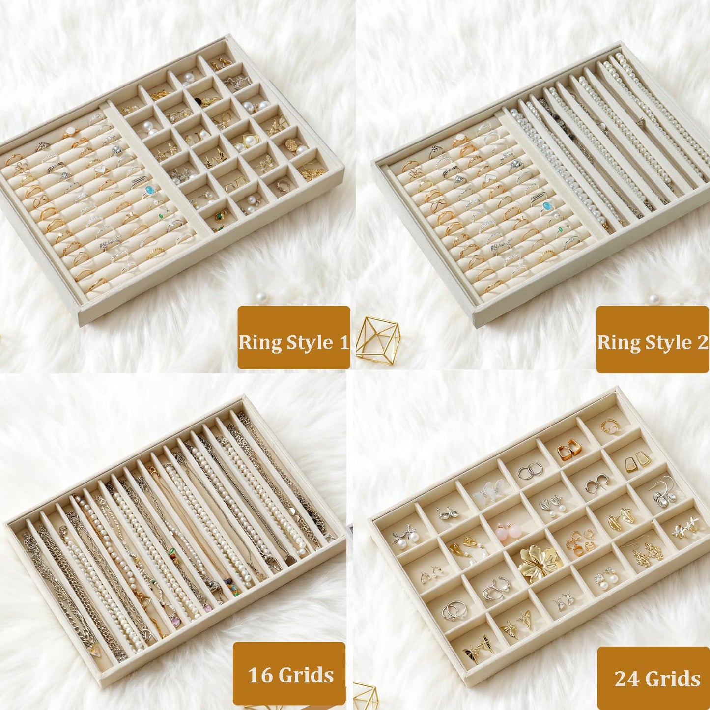 KATISYIO Large Jewelry Drawer Organizer Trays Set of 4, Stackable Velvet Jewelry Trays Organizer Holder Display Storage Showcase for Earring Necklace Bracelet Ring Accessary (Beige, R1+R2+16+24 Grids)