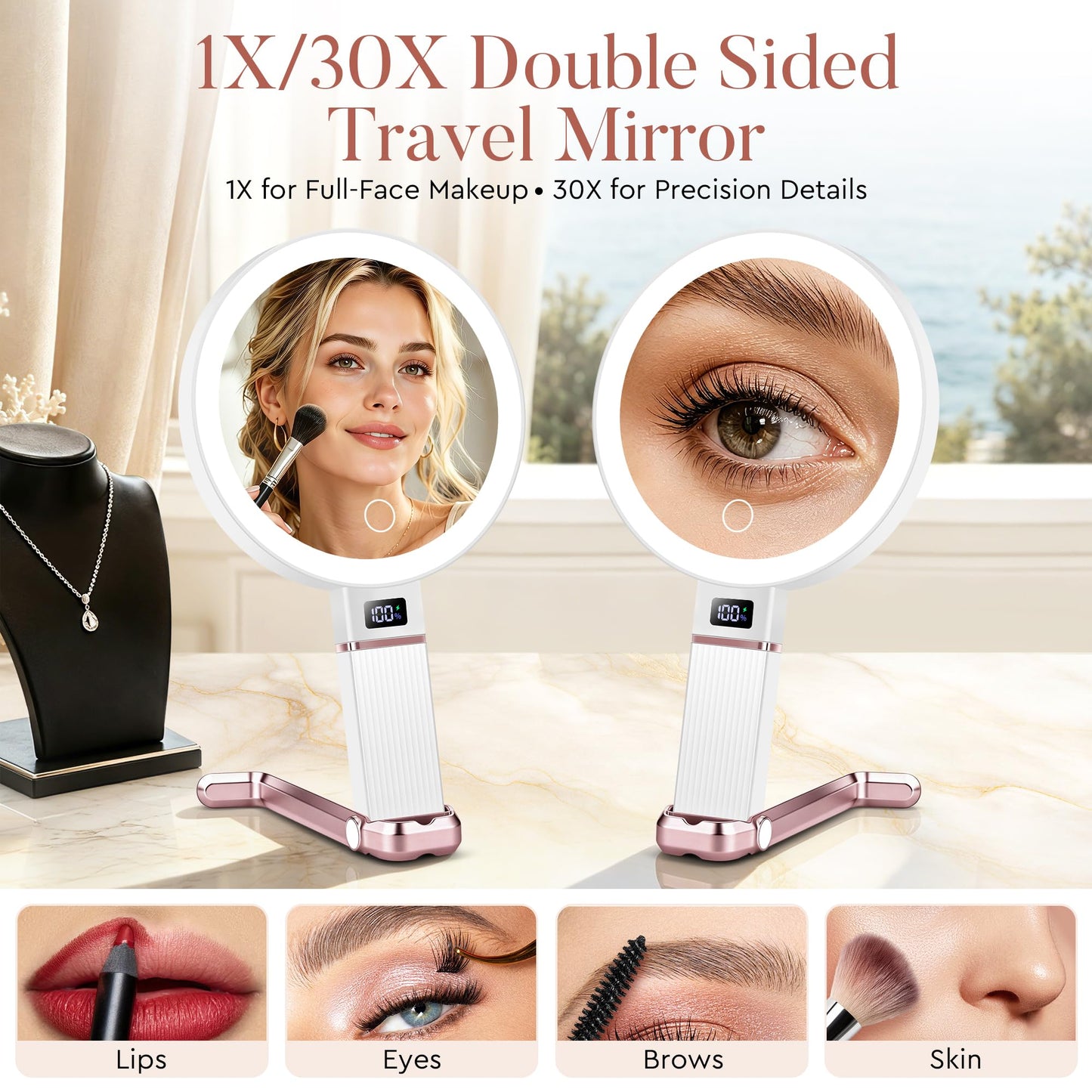 MIYADIVA Travel Makeup Mirror with Lights, Height Adjustable 30X/1X Double-Sided Magnifying Mirror, Portable Foldable Vanity Mirror with Digital Display & Phone Holder, Handheld Tabletop Hanging