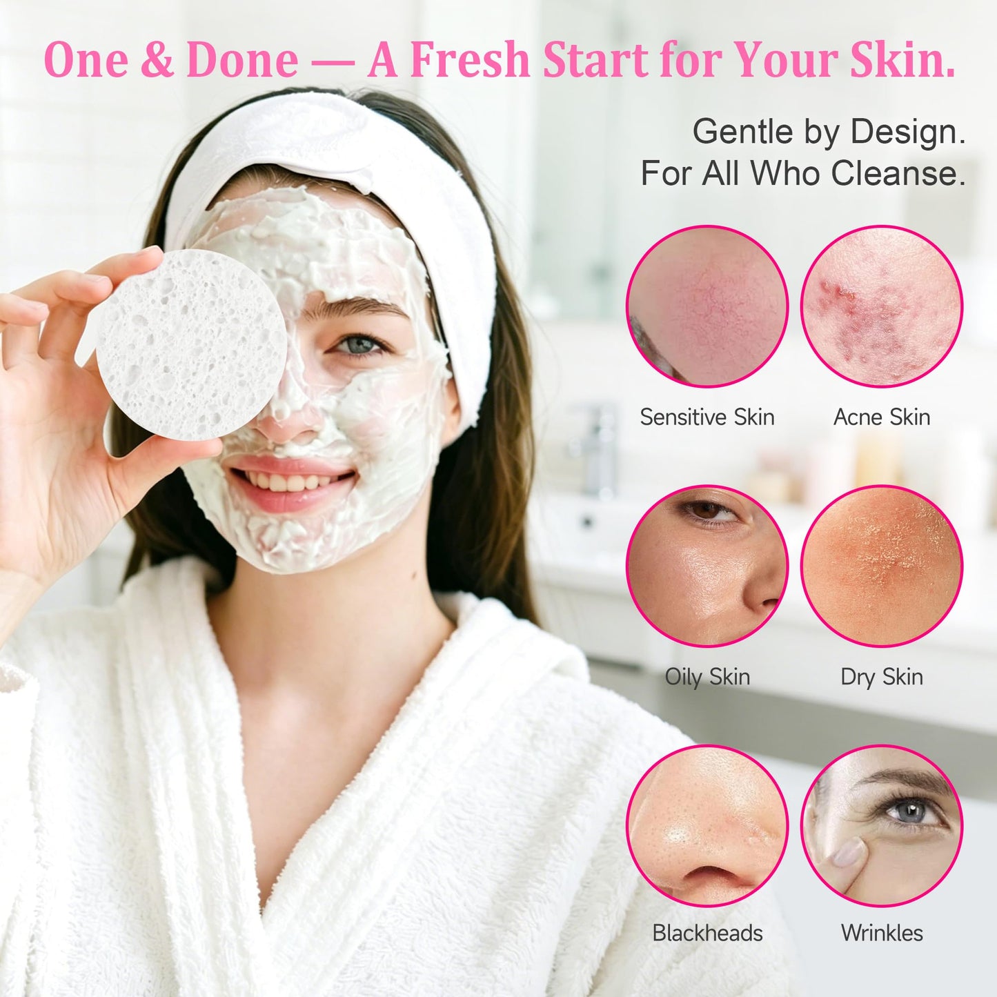3.15in Large Compressed Facial Sponges 60 Pcs, 100% Natural Cellulose Face Sponges for Cleansing, Gentle Exfoliating, Makeup & Mask Removal, Spa Skincare, Travel Essentials for Women (White, Reusable)