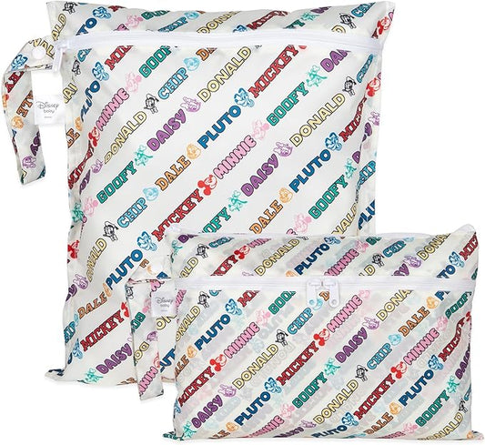 Bumkins - Waterproof Wet Bag & Wet/Dry Clutch Bags - For Beach, Baby, Travel, Swim Suit, Cloth Diapers, Pump Parts, Pool, Gym, Toiletries - Reusable & Easy to Clean - Mickey and Friends White - 2 Pack
