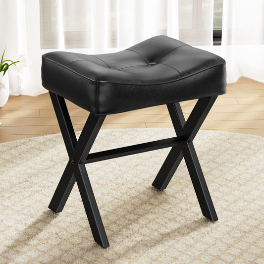 Memobarco 18-Inch Leather Vanity Stool Chair, Vanity Bench with Metal X-Leg, Ottoman Accent Stool with Thick Padded Saddle Seat, Black