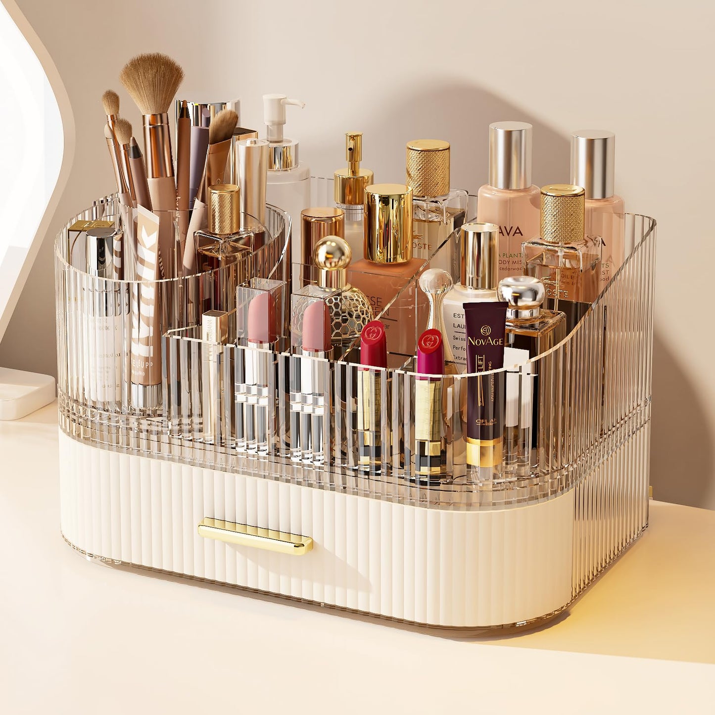 Makeup Organizer with 360° Rotating Brush Holder and Stackable Drawers, Cosmetic Display Case for Vanity, Bathroom Countertop (White, 2 Layer)