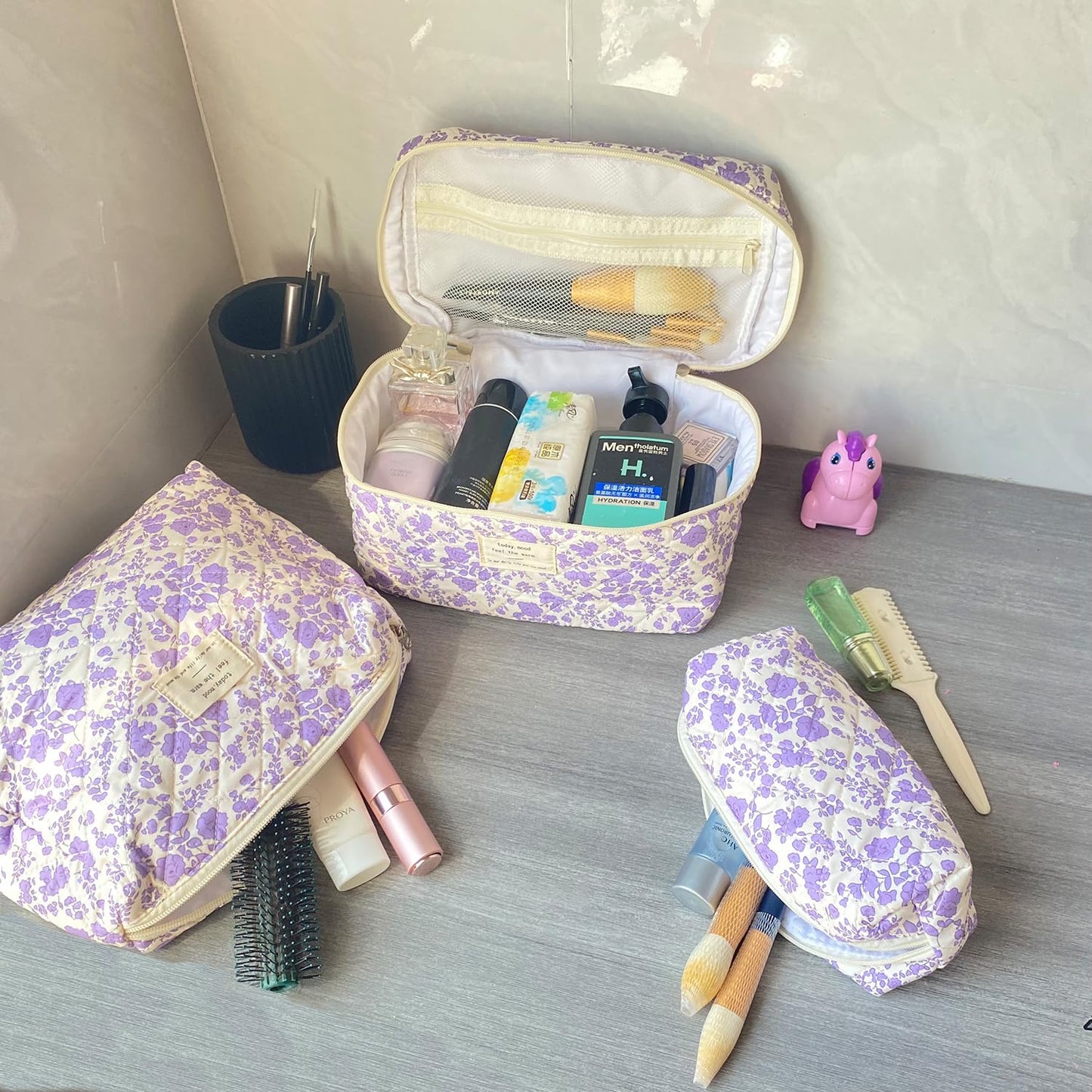 WYJ Purple Large Quilted Floral Makeup Bag Set of 3 Cute Coquette Aesthetic Cosmetic Bag Set Travel Toiletry Bag for Women