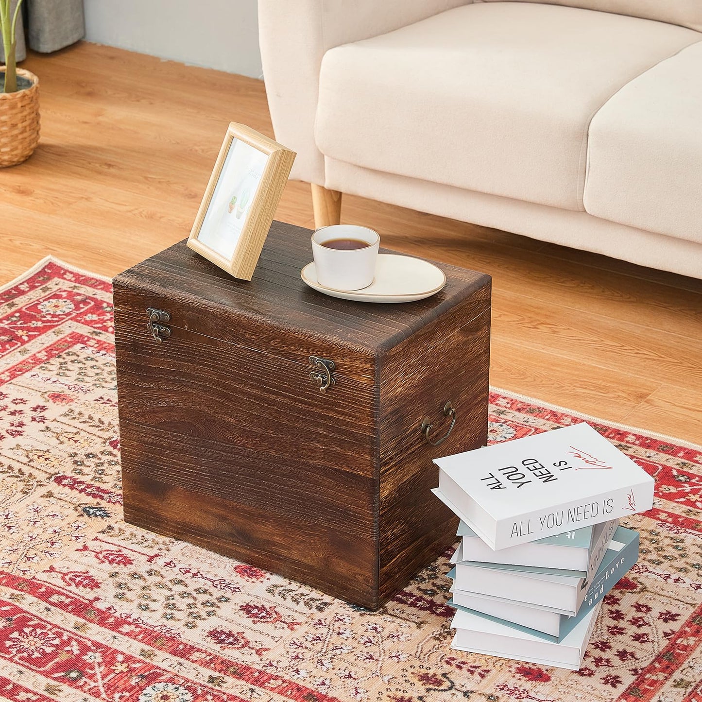 GZQWDC Wooden Storage Chest,Rustic Trunk Box,Storage Box for Living Room, Bedroom, Entryway,Dark Brown (S)
