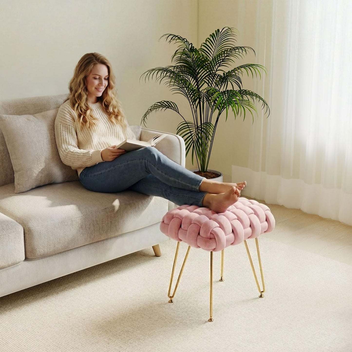 Sefulei Upholstered Velvet Vanity Stool, Hand-Woven Makeup Vanity Chair with Gold Metal Legs, Modern Foot Stool Ottoman for Living Room Bedroom, Easy Assembly (Pink)