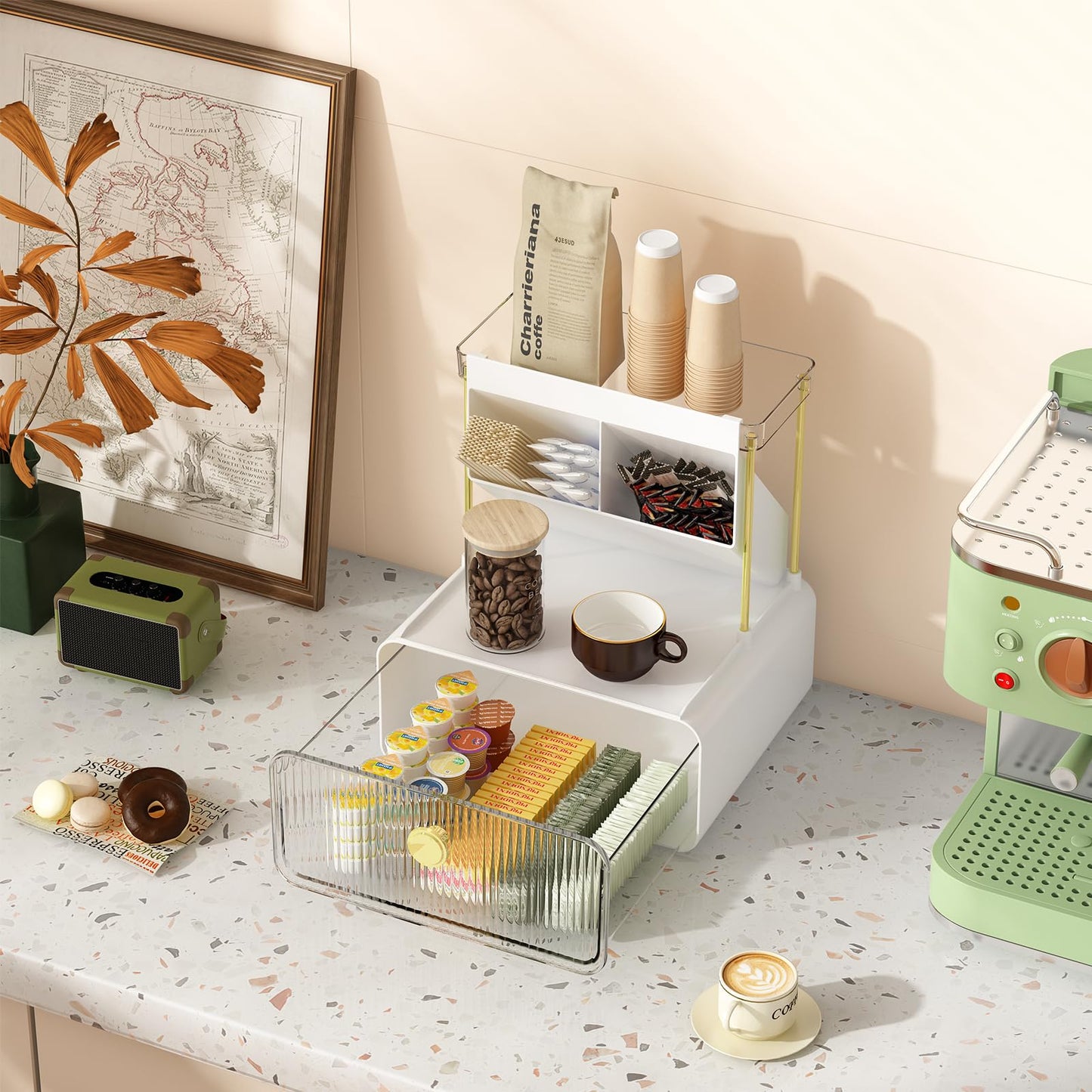 FOLLOWIN Bathroom Counter Organizer with Drawer, Dresser Top Organizer with Make Up Brush Holder, Makeup Shelf, Vanity Organizers, Cosmetic Perfume Organizer, Clear