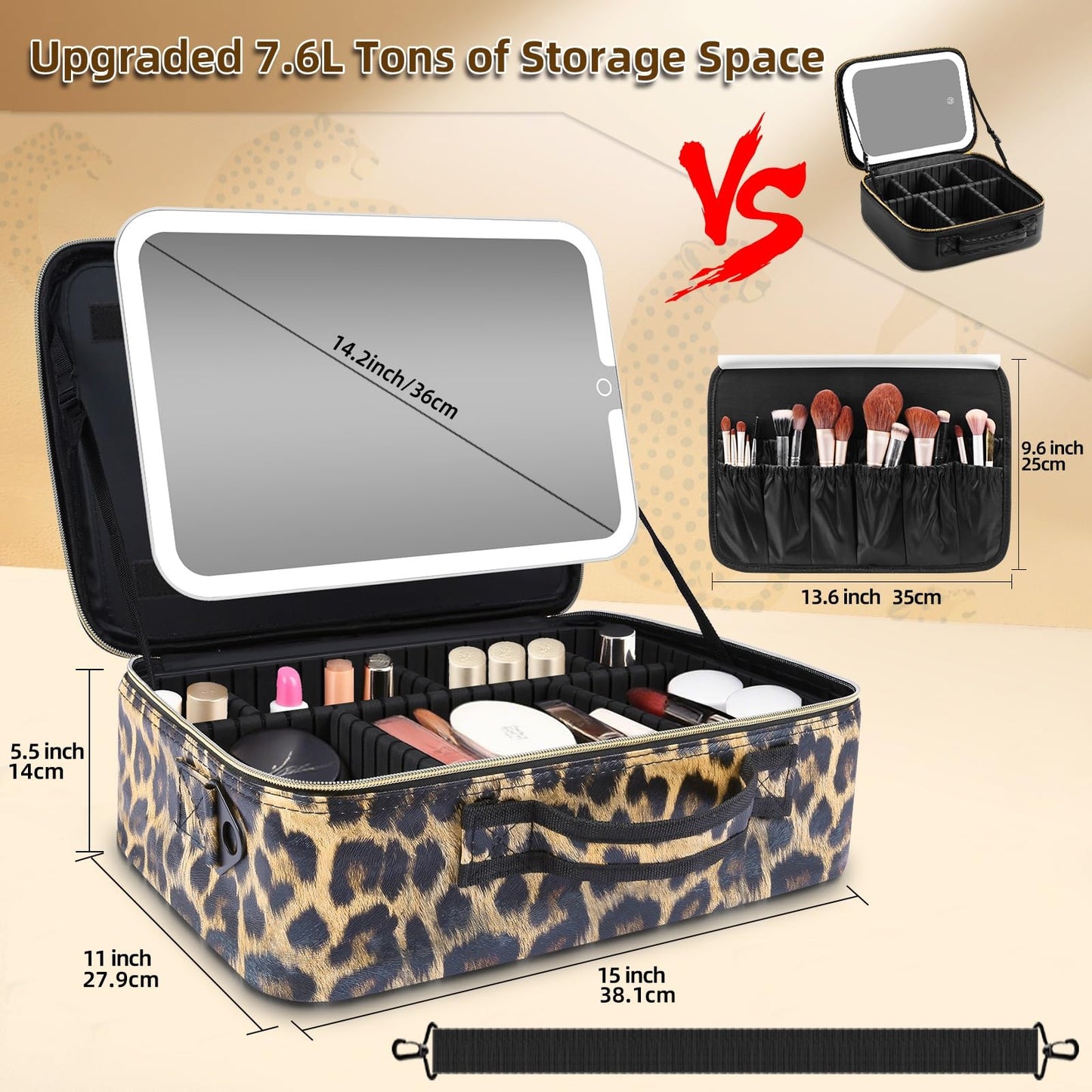 saiggnyy Large Travel Makeup Bag with LED Mirror, 3-Color Stepless Dimming Stand Mirror Detachable, with Adjustable Divider, Makeup Brush Holder Storage (Leopard)