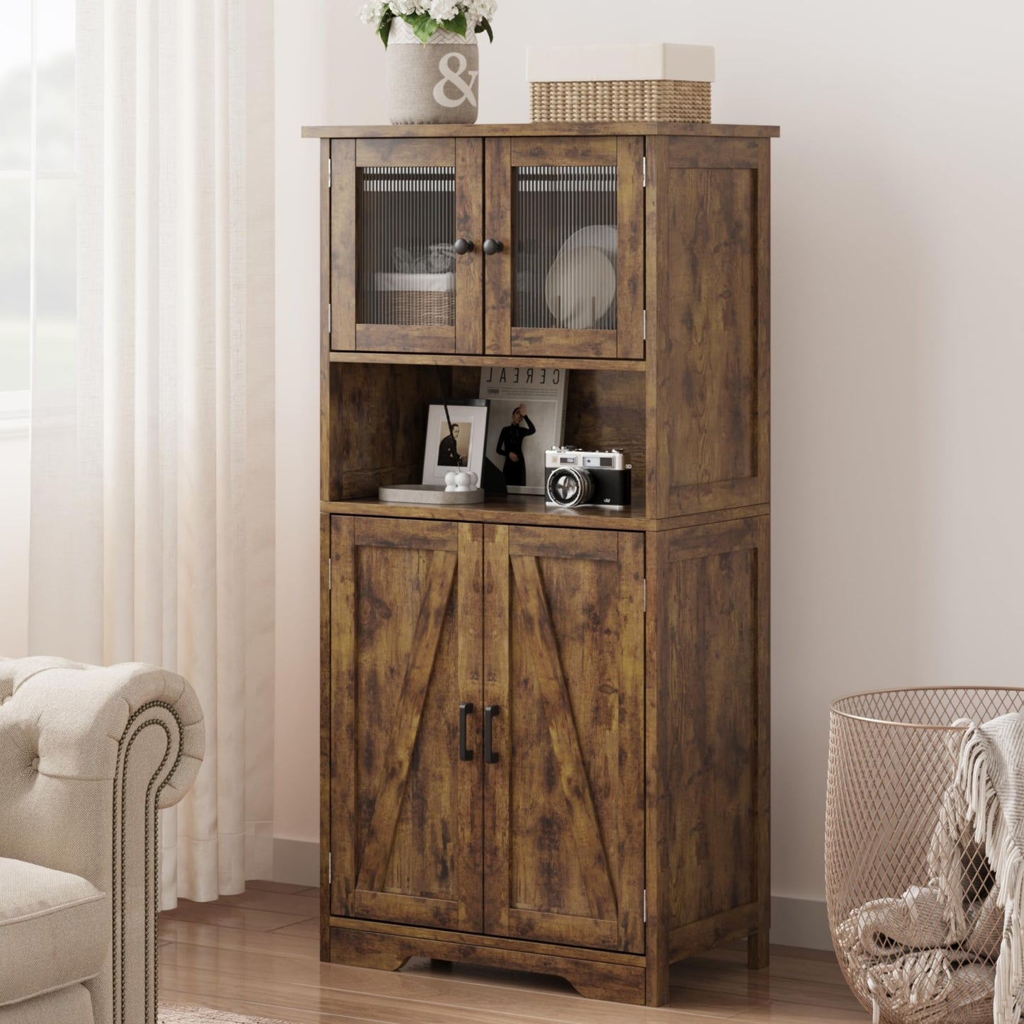 IDEALHOUSE 50" Tall Bathroom Cabinet, Freestanding Bathroom Storage Cabinet with 4 Doors and Adjustable Shelves, Cupboard Modern Storage Cabinet for Kitchen, Pantry, Living Room, Rustic Brown