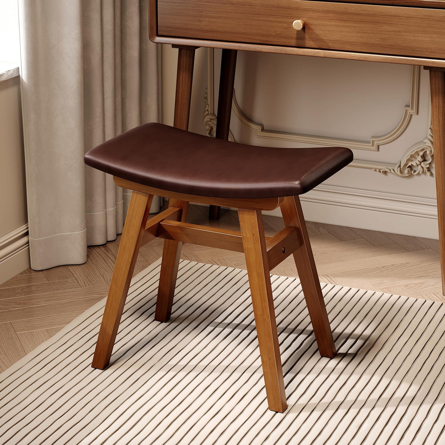 IUNVR Solid Wood Vanity Stool Chair with Leather Cushion, Comfortable Makeup Vanity Stool, Small Stool for Vanity Use, Backless Vanity Chair, Compact Makeup Chair for Bedroom & Study