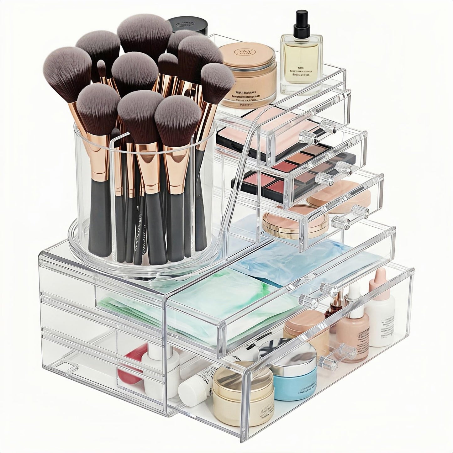 Mjepludh Clear Acrylic Makeup Organizer Countertop 360° Rotating & Removable Storage Tower, 5 Drawers Vanity Organizer for Lipstick, Brush, Skincare Makeup Storage for Dresser, Bathroom or Desk