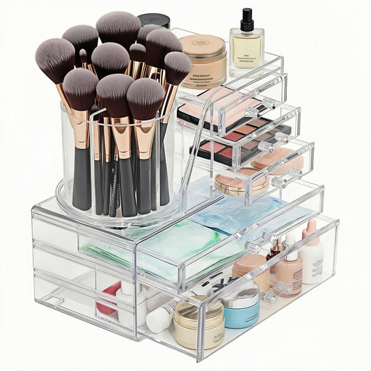 Mjepludh Clear Acrylic Makeup Organizer Countertop 360° Rotating & Removable Storage Tower, 5 Drawers Vanity Organizer for Lipstick, Brush, Skincare Makeup Storage for Dresser, Bathroom or Desk