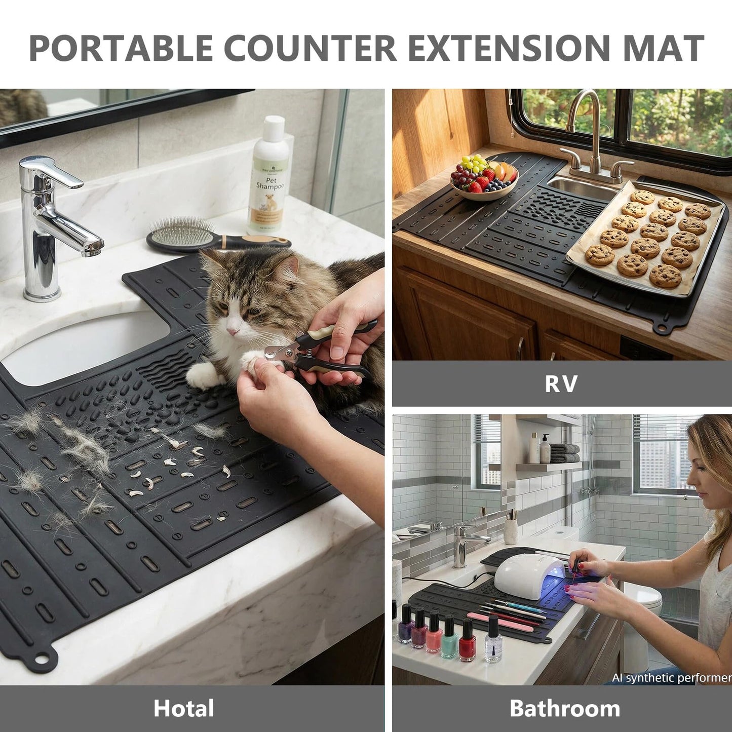 Johamoo Bathroom Sink Cover for Counter Space, Foldable Sink Mat, Silicone Makeup Brush Cleaning Mat Tools Organizer Space Saver, Small Bathroom & RV Camper Travel Must Haves Accessories, Black