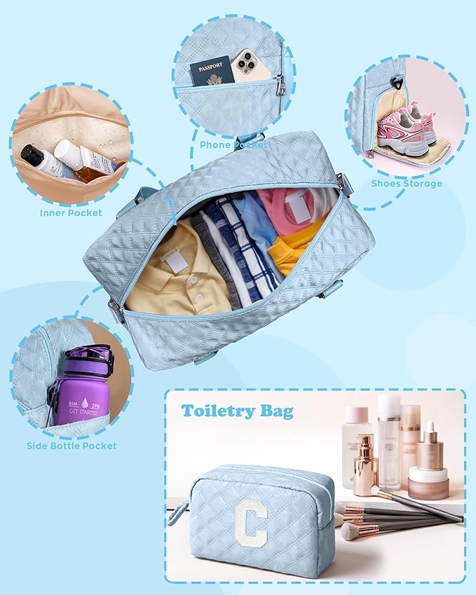 Initial Gym Bag for Girls, Kids Travel Duffel Bag, Graduation Gifts for Her, Personalized Weekender Bag with Shoes Compartment, Gifts for Mom, Girls Gifts for Kids