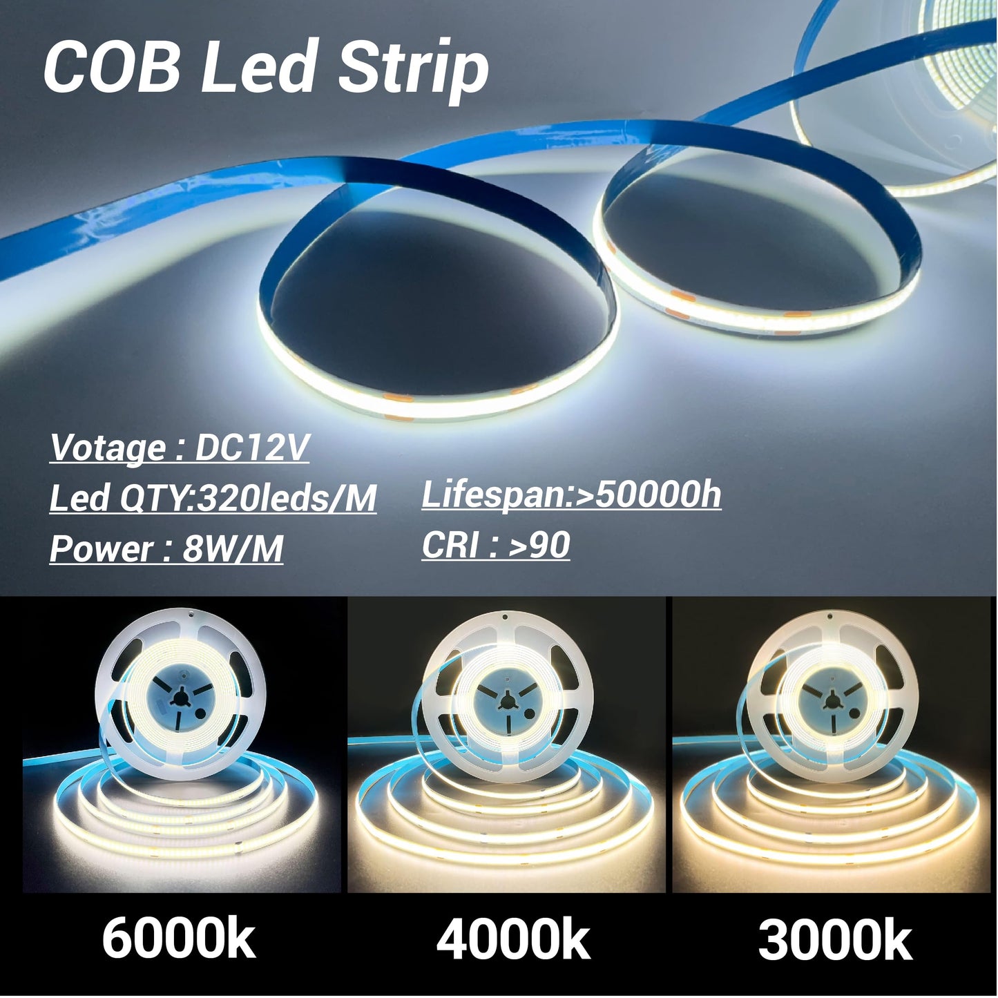 HAMRVL LED Shelf Lights, 12V COB LED Strip Lights 32.8ft (2 Roll of 16.4ft), Dimmable Cuttable Warm White 3000K Shelf Lighting LED Lights for Shelves, Display Cases, Bookshelves, Kitchen Cabinets
