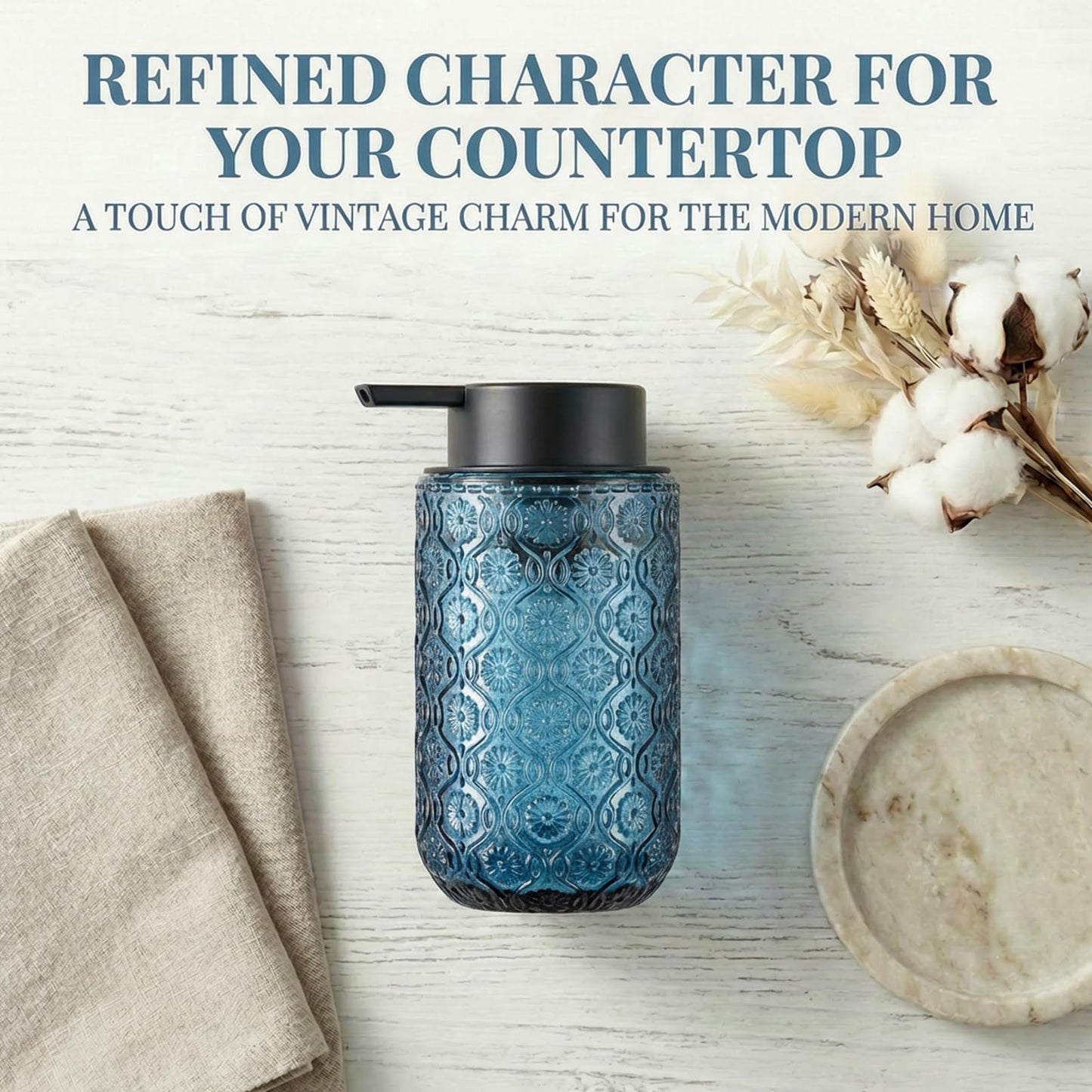 zuxzmj Blue Glass Liquid Hand Soap Dispenser with Matte Black Pump Thick Embossed Bottle Refillable for Bathroom and Kitchen Decor 13.5 oz