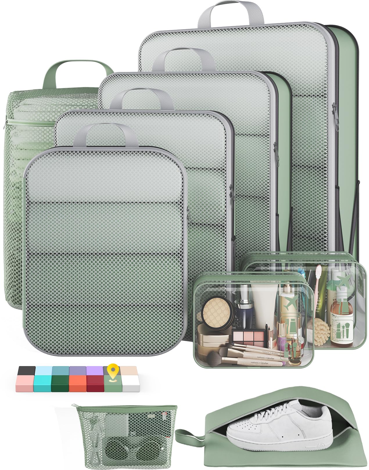 Veken 9/11 Set Compression Packing Cubes for Travel Essentials,Compressible Expandable Luggage Suitcase Organizer Bags for Clothing,Space Saver Bags with Over 1000 pcs of Mesh Holes(Matcha Green)