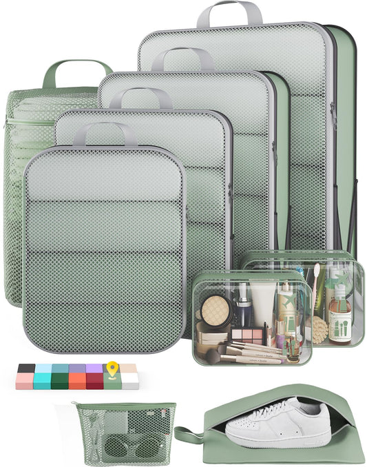 Veken 9/11 Set Compression Packing Cubes for Travel Essentials,Compressible Expandable Luggage Suitcase Organizer Bags for Clothing,Space Saver Bags with Over 1000 pcs of Mesh Holes(Matcha Green)