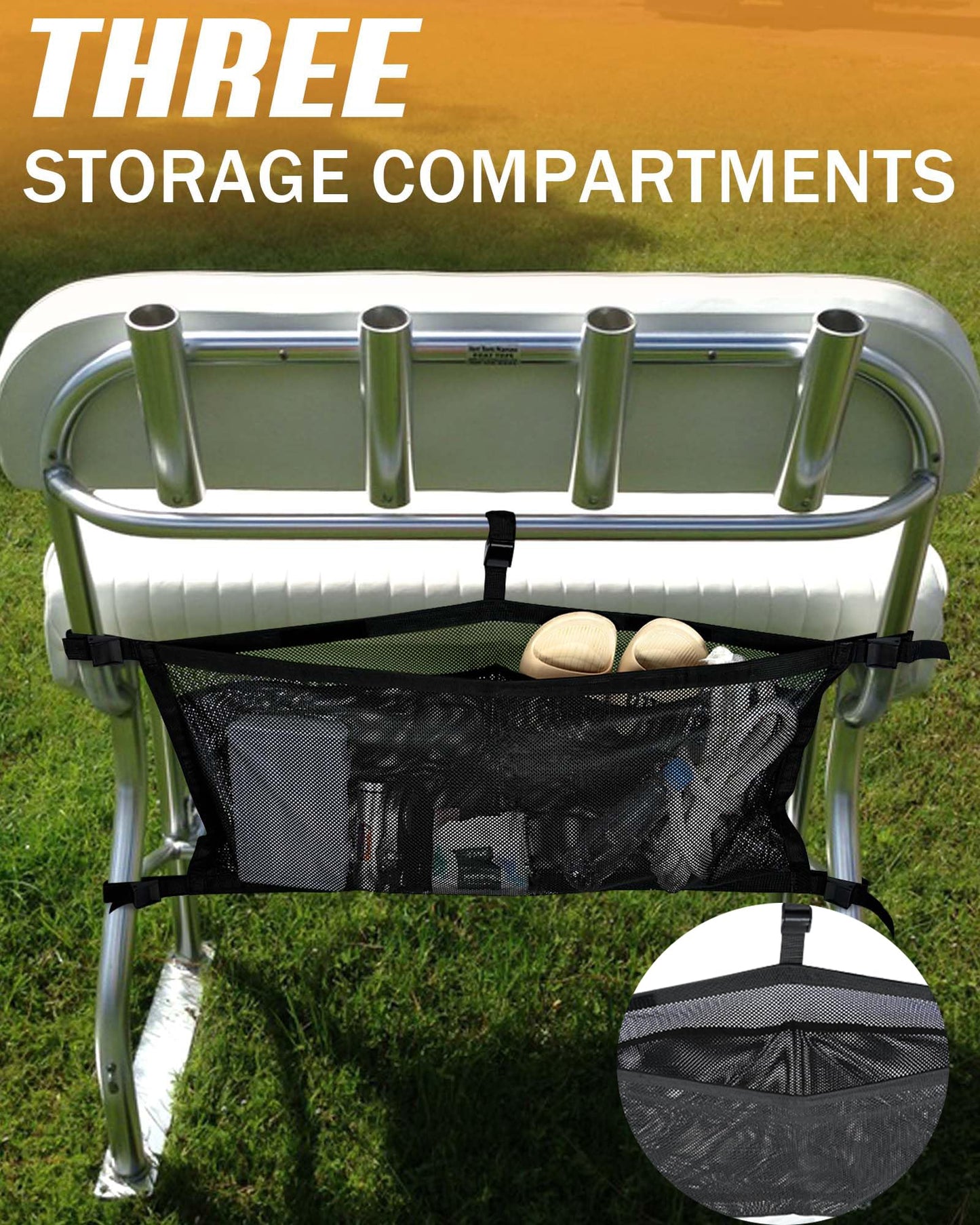 PLOZANO Boat Storage Bag with 3 Divisions, Adjustable Organizer, Mesh Tackle & Life Jacket Holder, Suspended Net for Leaning Post (32 INCH)
