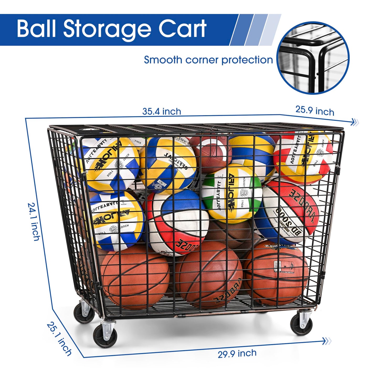 Mythinglogic Rolling Ball Storage Cart, Sports Equipment Storage Organizer for Garage/Basement/Entryway, Ball Storage Bin with Casters (Extra Large)