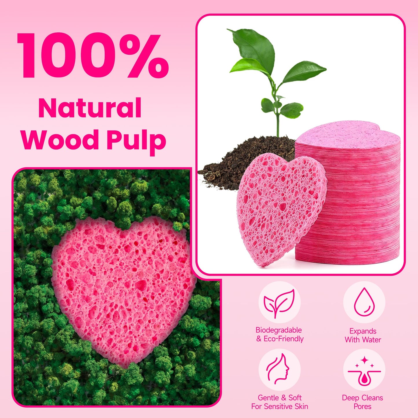 Silkyhose Women 120-Count Compressed Cellulose Heart Shape Face Facial Sponges 100% Natural Cosmetic Sponges for Facial Cleansing Exfoliating Mask Skin Massage (（Pink） 120 Count)