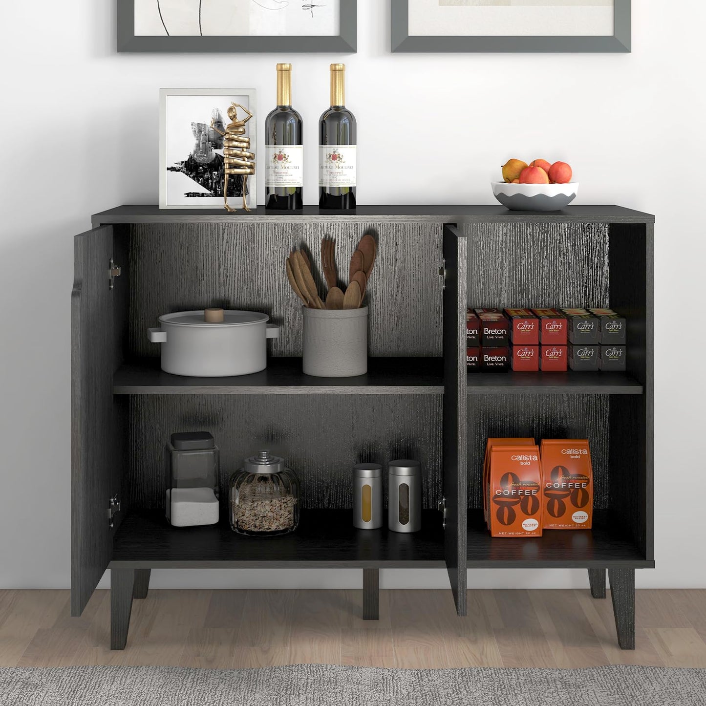 Panana Kitchen Buffet Cabinet Storage Sideboard with 2 Doors 2 Shelves, 41.8" L x 15" W x 32.5" H (Black)