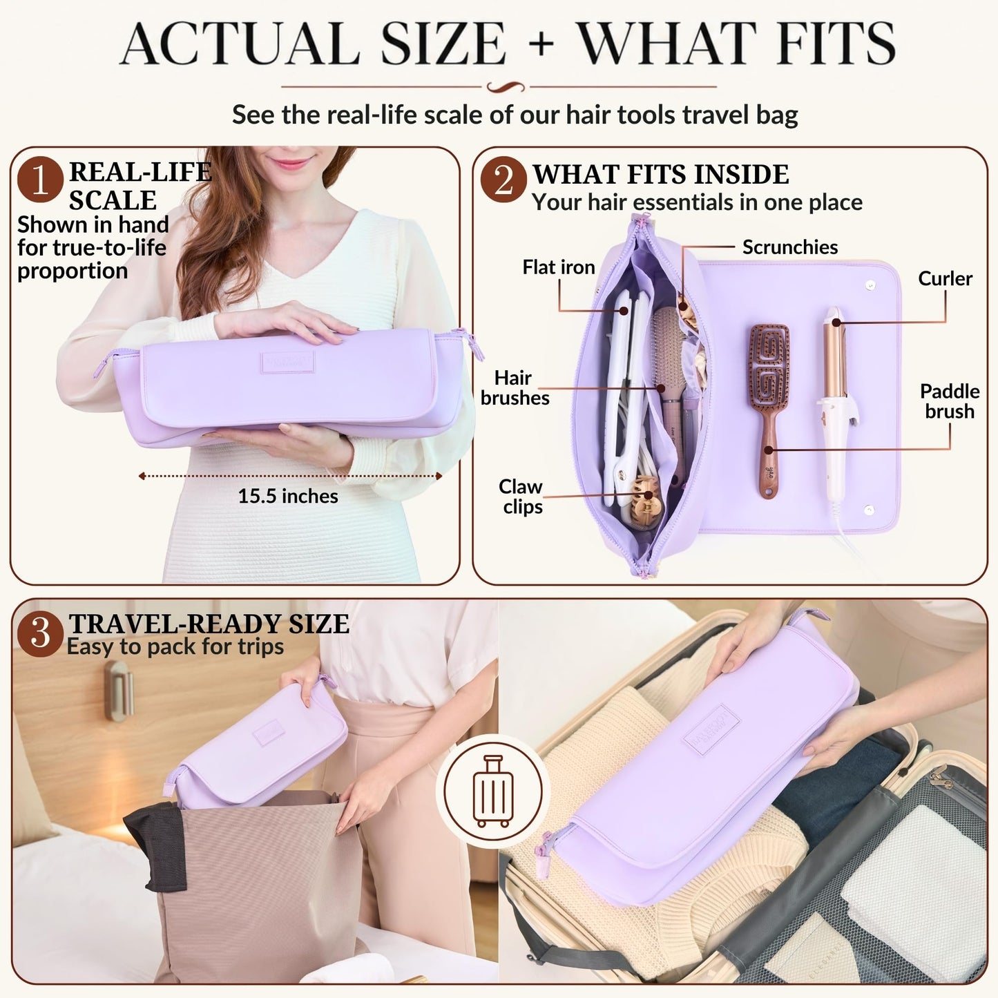 BAREFOOT CARIBOU Hair Tools Travel Bag and Heat Resistant Mat (15.5") for Flat Irons, Straighteners, Curling Iron, and Haircare Accessories, 2-in-1 design, Interior Pockets, Portable Organizer (Lilac)