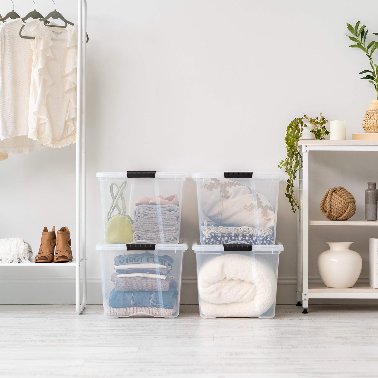 IRIS USA 72 Qt Stackable Plastic Storage Bins with Lids, 6 Pack - BPA-Free, Made in USA - See-Through Organizing Solution, Latches, Durable Nestable Containers, Secure Pull Handle - Clear