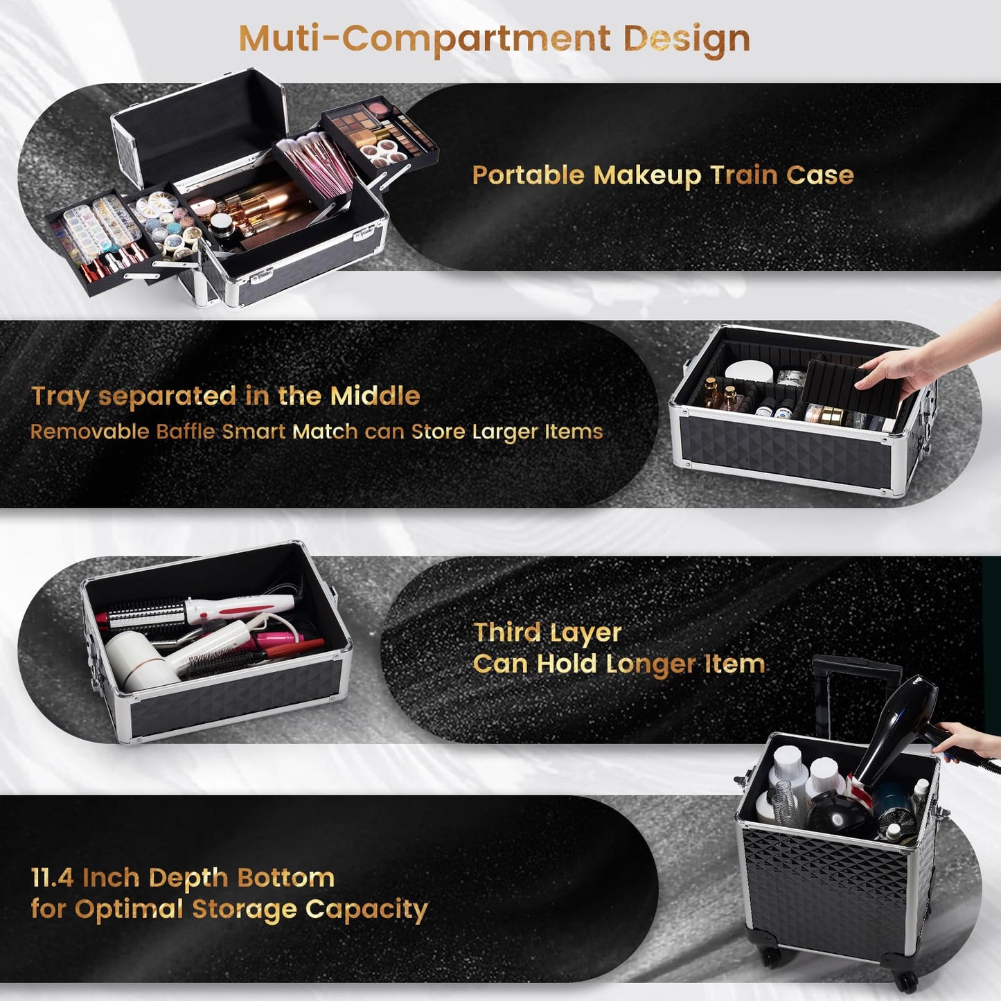Stagiant Rolling Makeup Case Cosmetology Case on Wheels 4 in 1 Large Cosmetic Organizer Train Case Makeup Travel Case with Key Swivel Wheels Nail Artist Salon Storage Traveling Cart Trunk Black