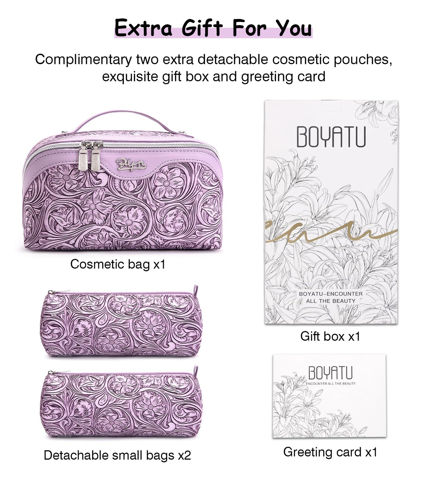 BOYATU Travel Makeup Bags Cosmetic Organizer Bag: 3 Pcs Set Large Capacity Floral Make up Bag with Compartments - Waterproof Leather Toiletry Bags with Handle for Women (21-Purple)