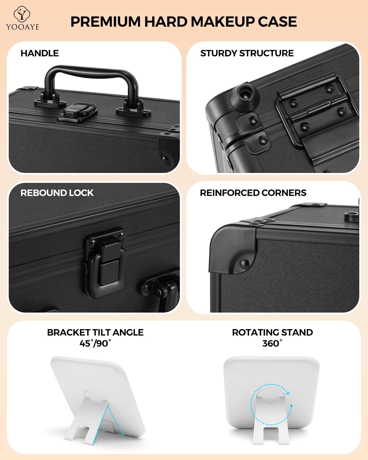 Yooaye Makeup Box with Detachable Lighted Mirror–Travel Train Case, Cosmetic Storage Organizer & Makeup Suitcase with Adjustable Dividers & Magnetic LED Mirror (Black)