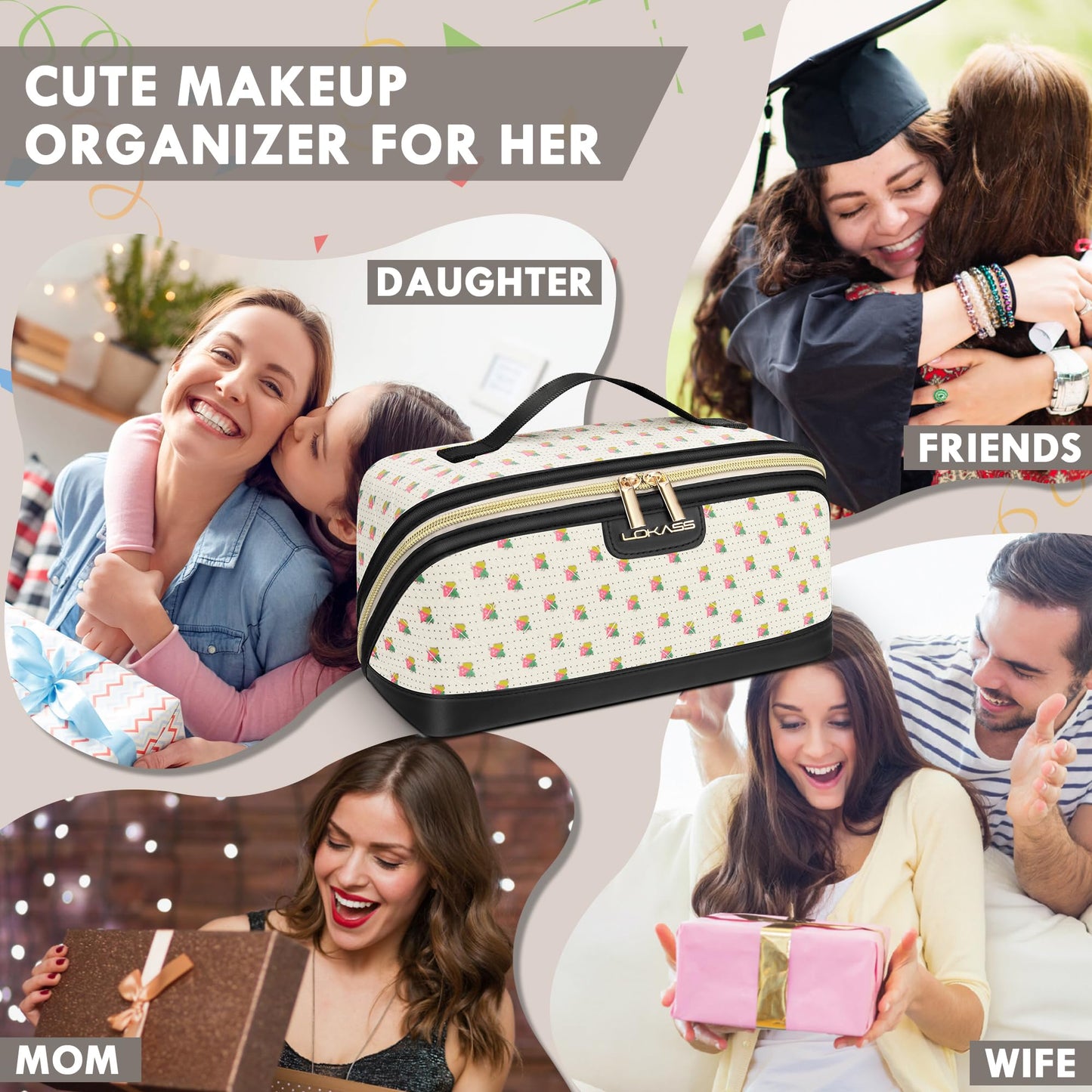 Makeup Bag Large Capacity Travel Make Up Bag, Makeup Organizer Cosmetic Bags for Women Travel Toiletry Bag for Women Skincare Bag with Handle and Divider - Red Flower