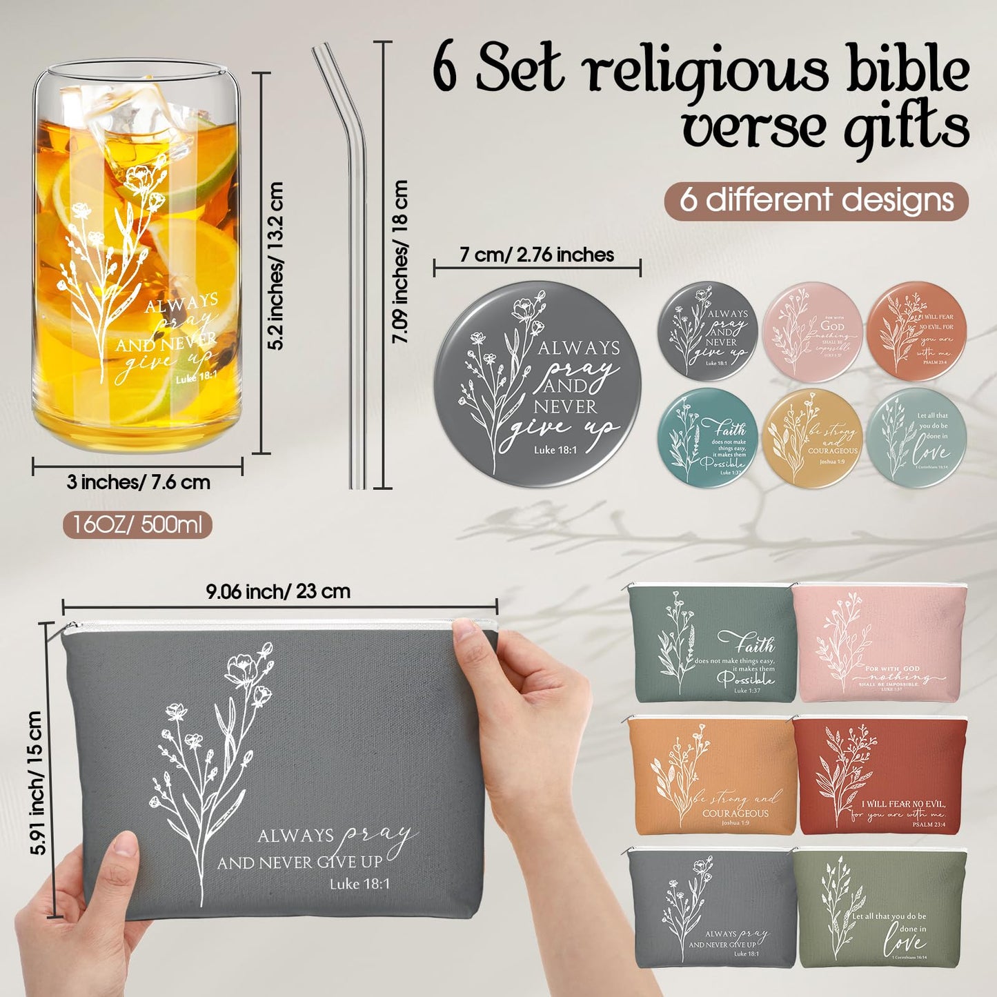 Fumete 6 Set Christian Gift for Women Bulk Religious Makeup Bag Glass Bible Verse Cup Mini Christian Compact Mirror Gifts for Church Members Women Basket Stuffers(Bright Colors)